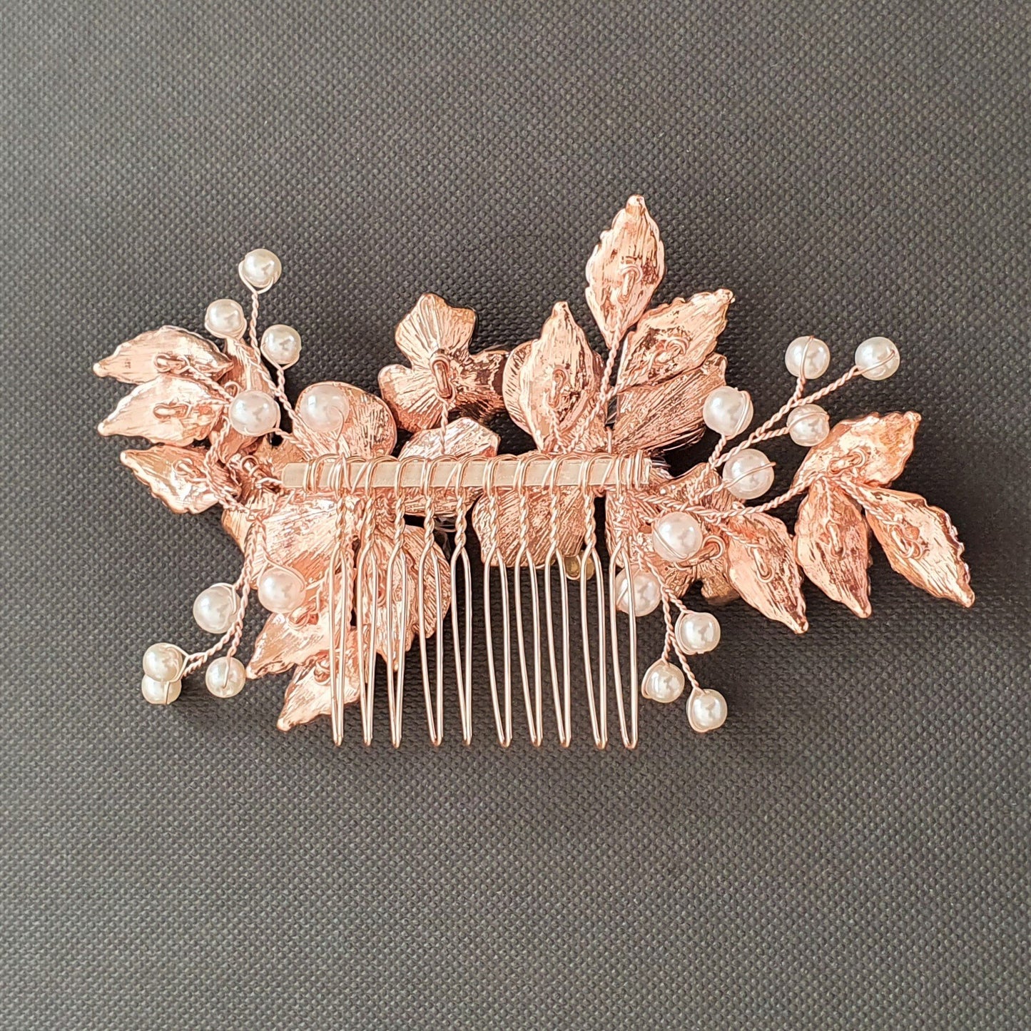 Peigne à cheveux fleur et feuille en or rose pour mariages - Azalée