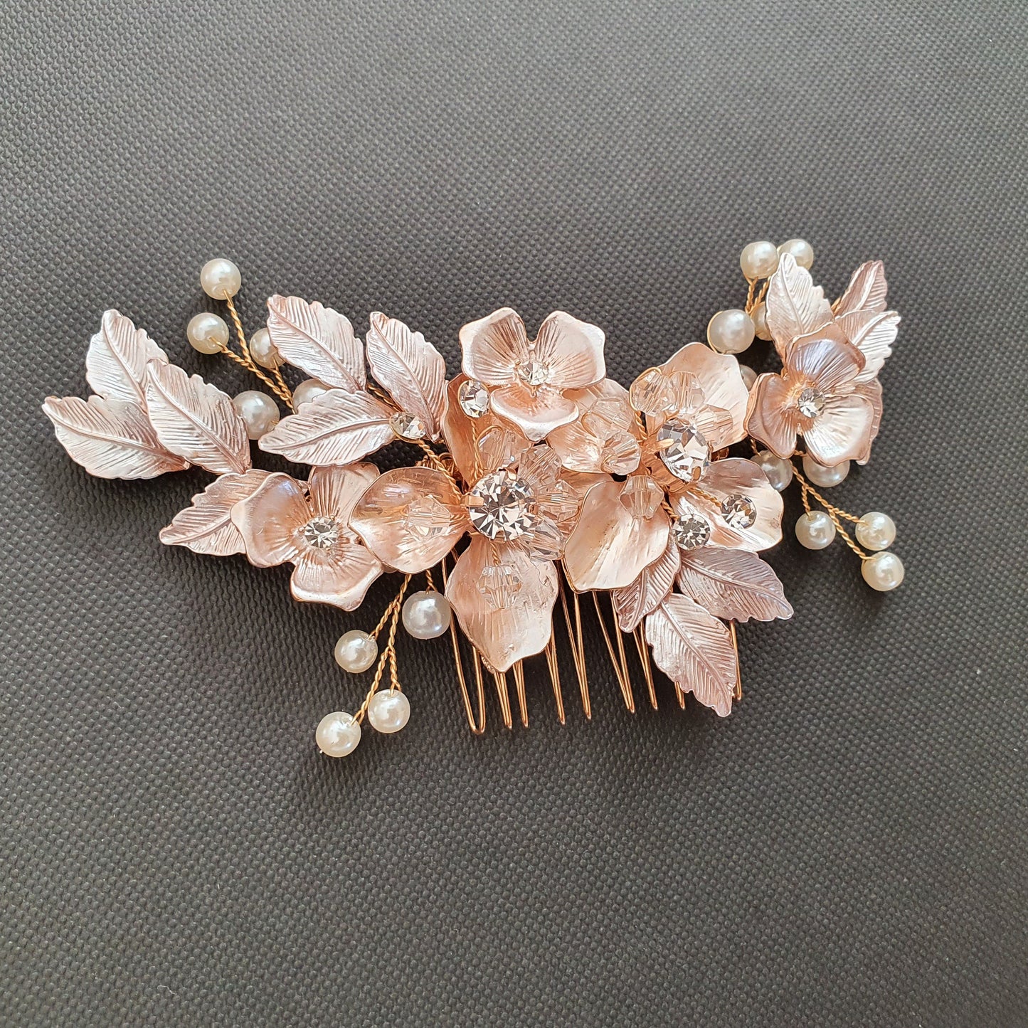 Rose Gold Flower and Leaf Hair Comb for Weddings- Azalea