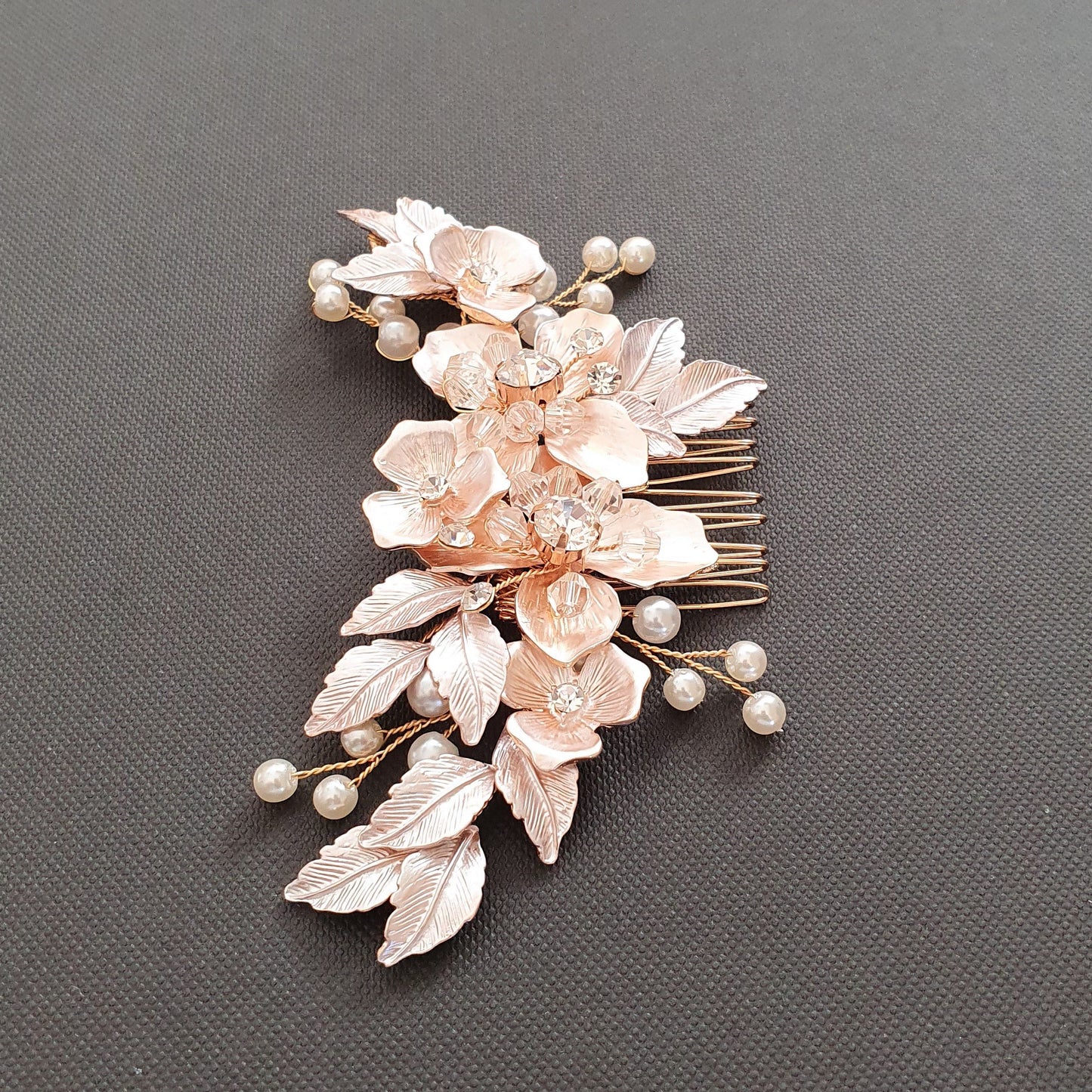 Peigne à cheveux fleur et feuille en or rose pour mariages - Azalée