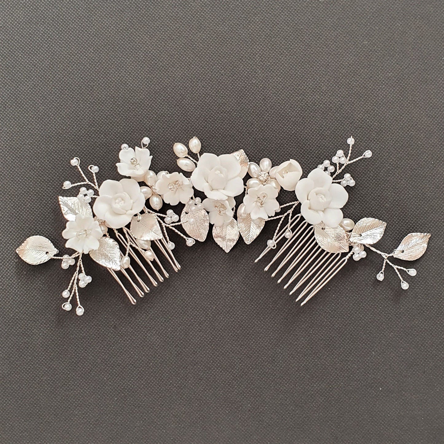 Double Comb Bridal Hairpiece with White Flowers-Blossom