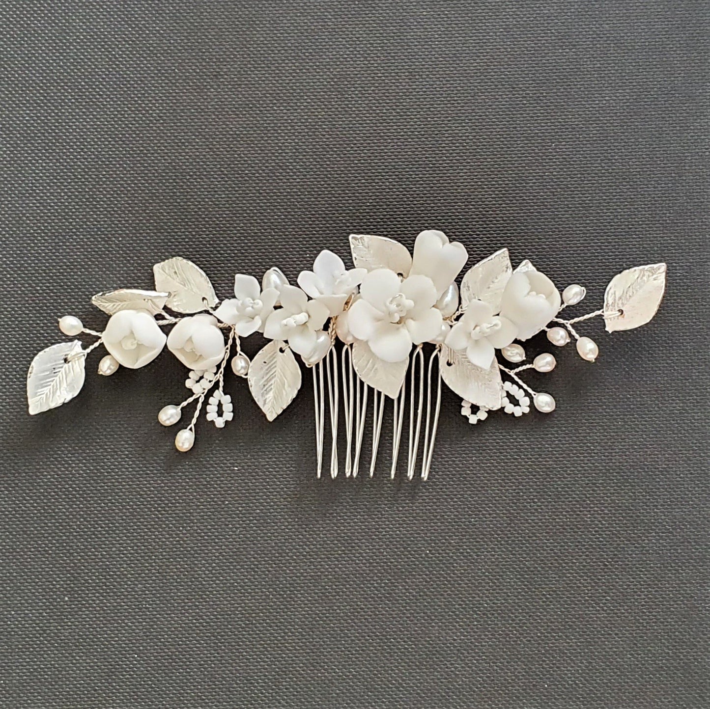 Small Flower and Leaf Hair Comb Silver-Fairy