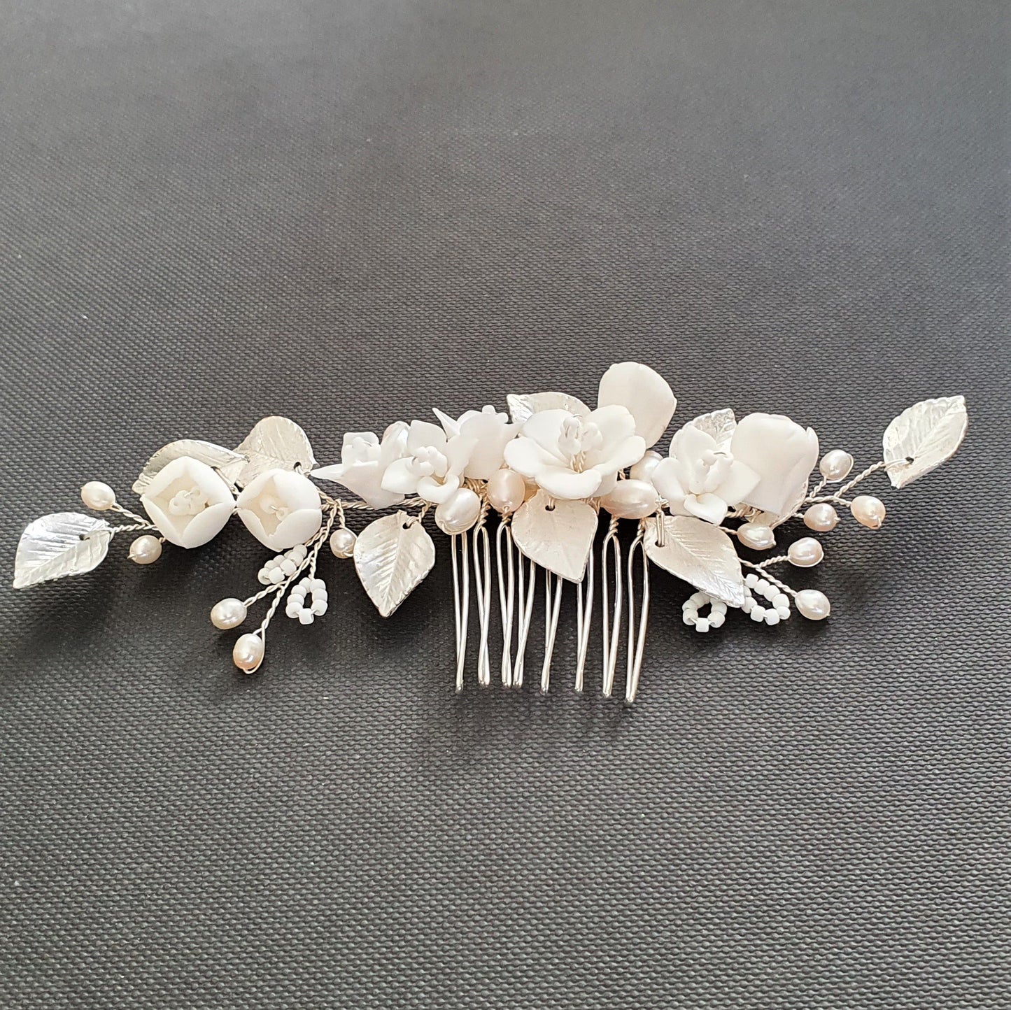 Small Flower and Leaf Hair Comb Silver-Fairy