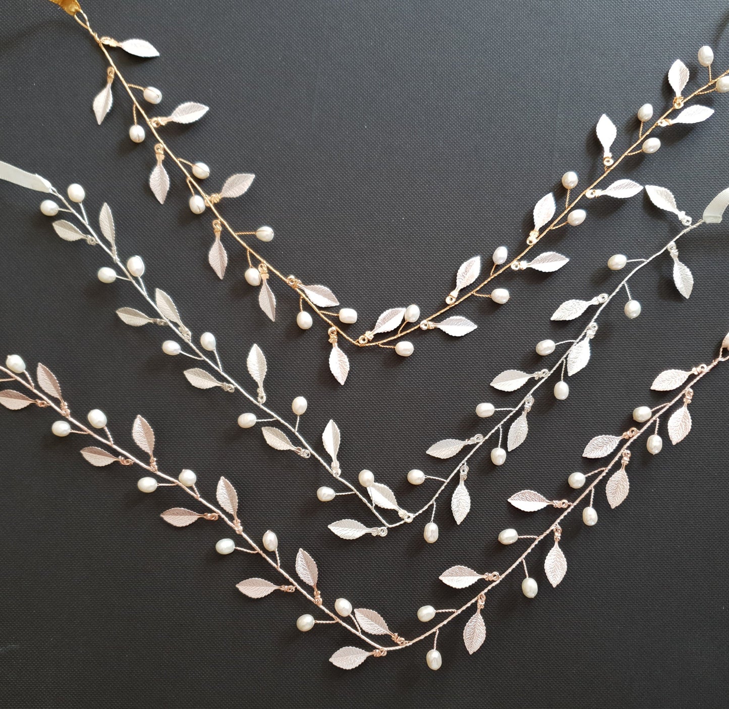 Tiny Gold Leaf and Pearl Headpiece- Sweet Peas