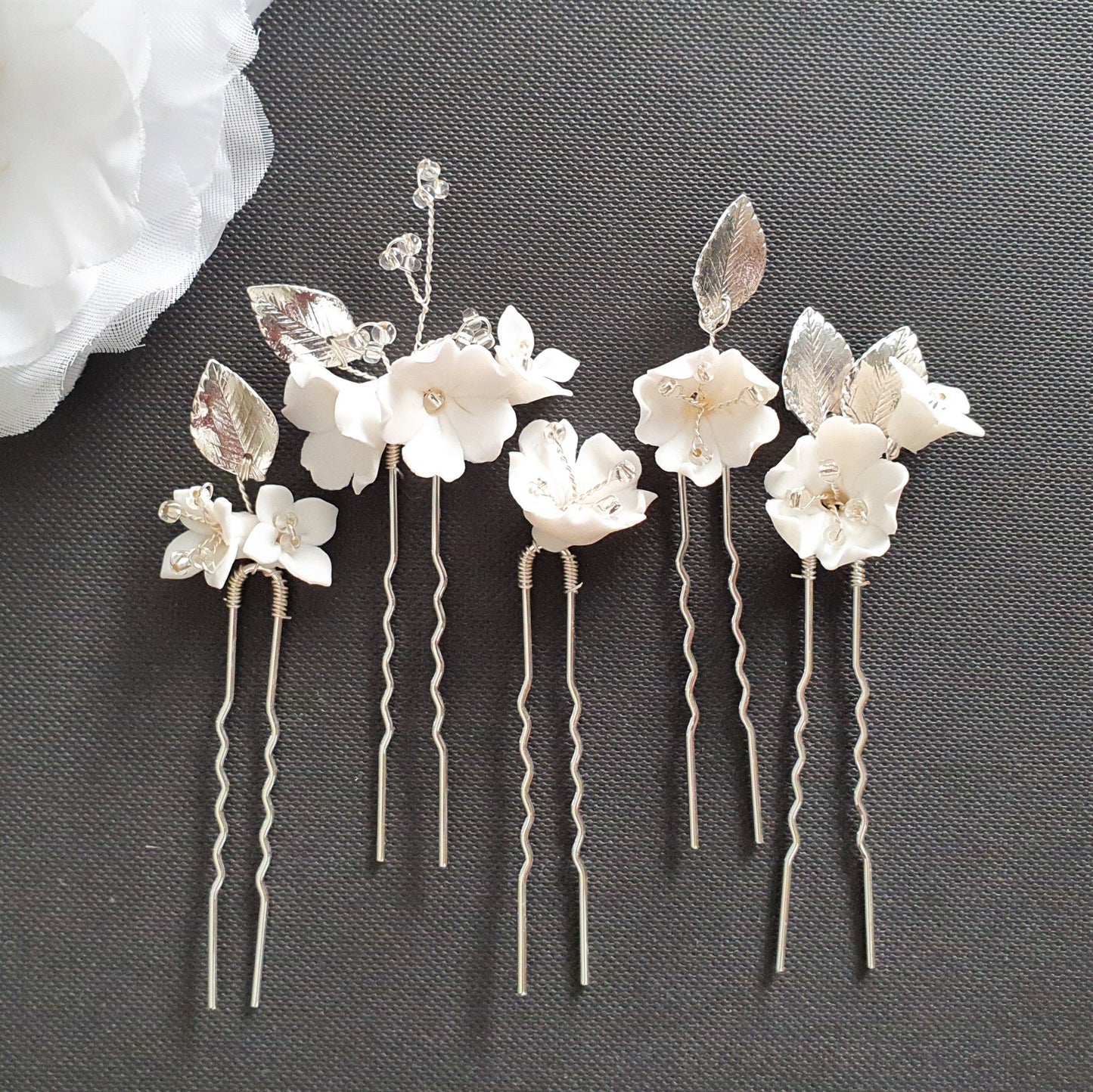 Bridal Hair Pins Set with White Flowers-Magnolia