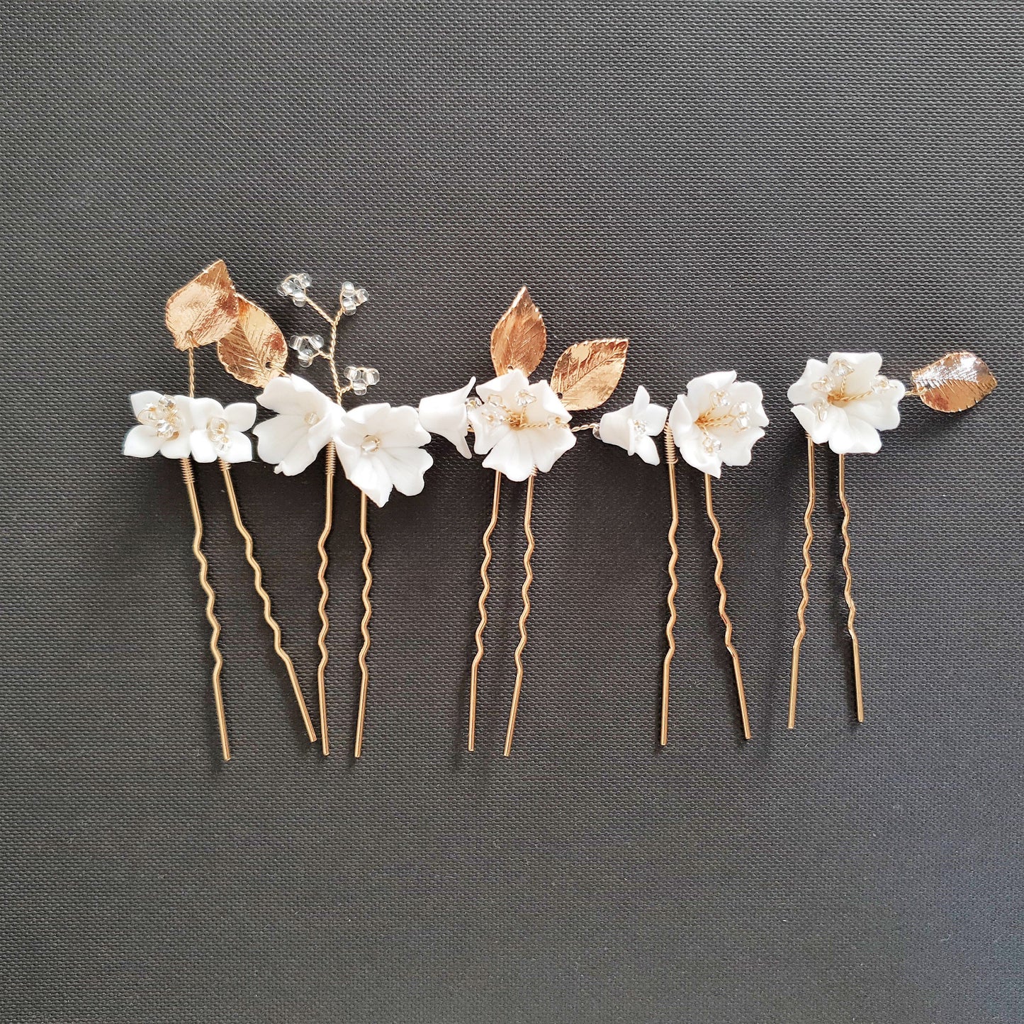 Gold Wedding Hair Pins with White Flowers-Magnolia