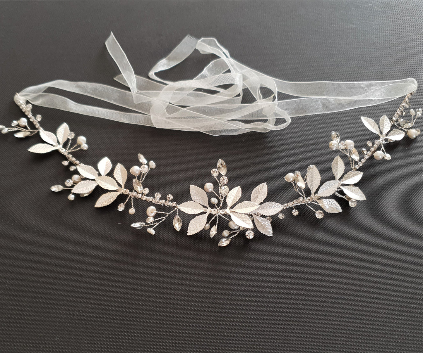 Leaf Bridal Headband with Pearl and Crystals-Violet