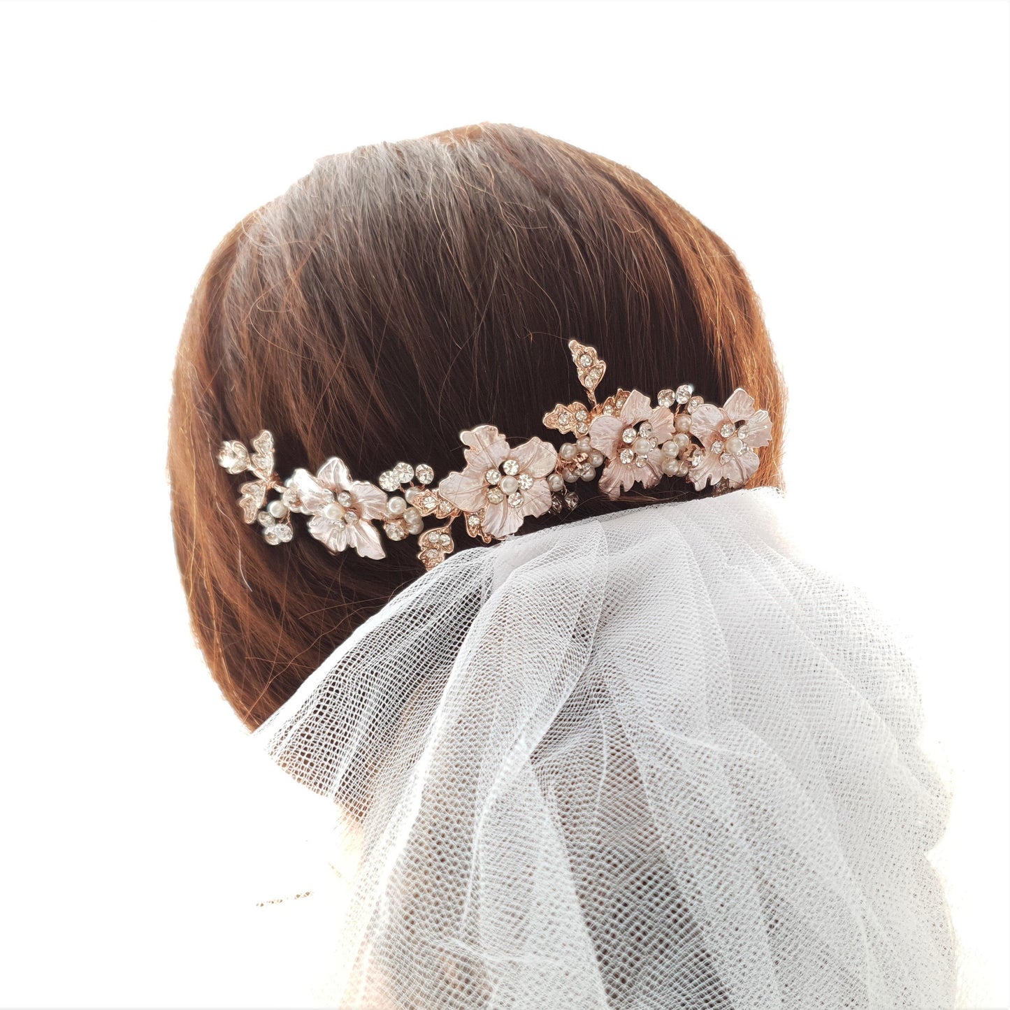 Peineta para Novias Oro Rosa con Hoja y Flor-Gardenia