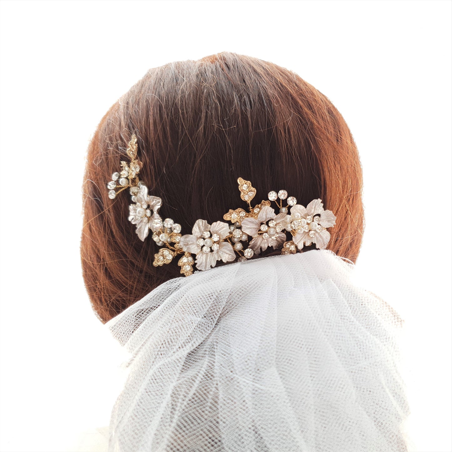 Gold Hair Comb for Weddings With Flowers and Leaves- Gardenia