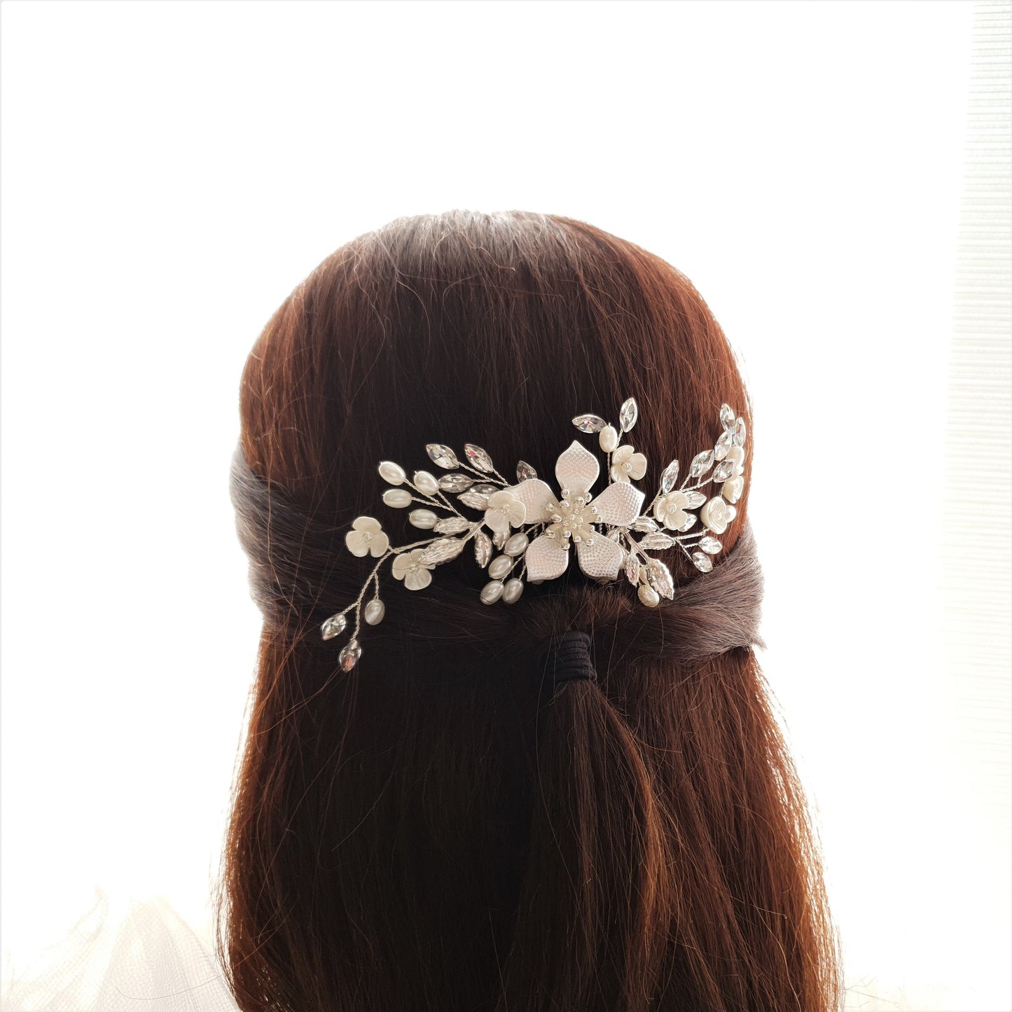 Jeweled Rose Gold Bridal Hair Comb with Pearl & Crystal Leaves-Freya