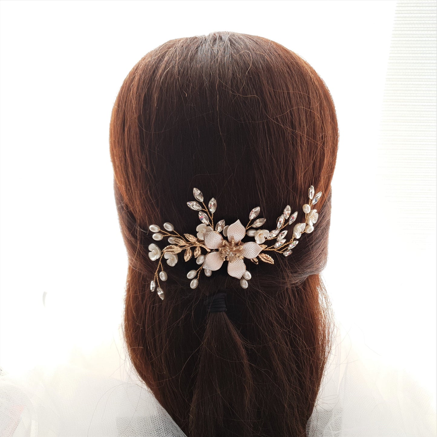 Jeweled Rose Gold Bridal Hair Comb with Pearl & Crystal Leaves-Freya