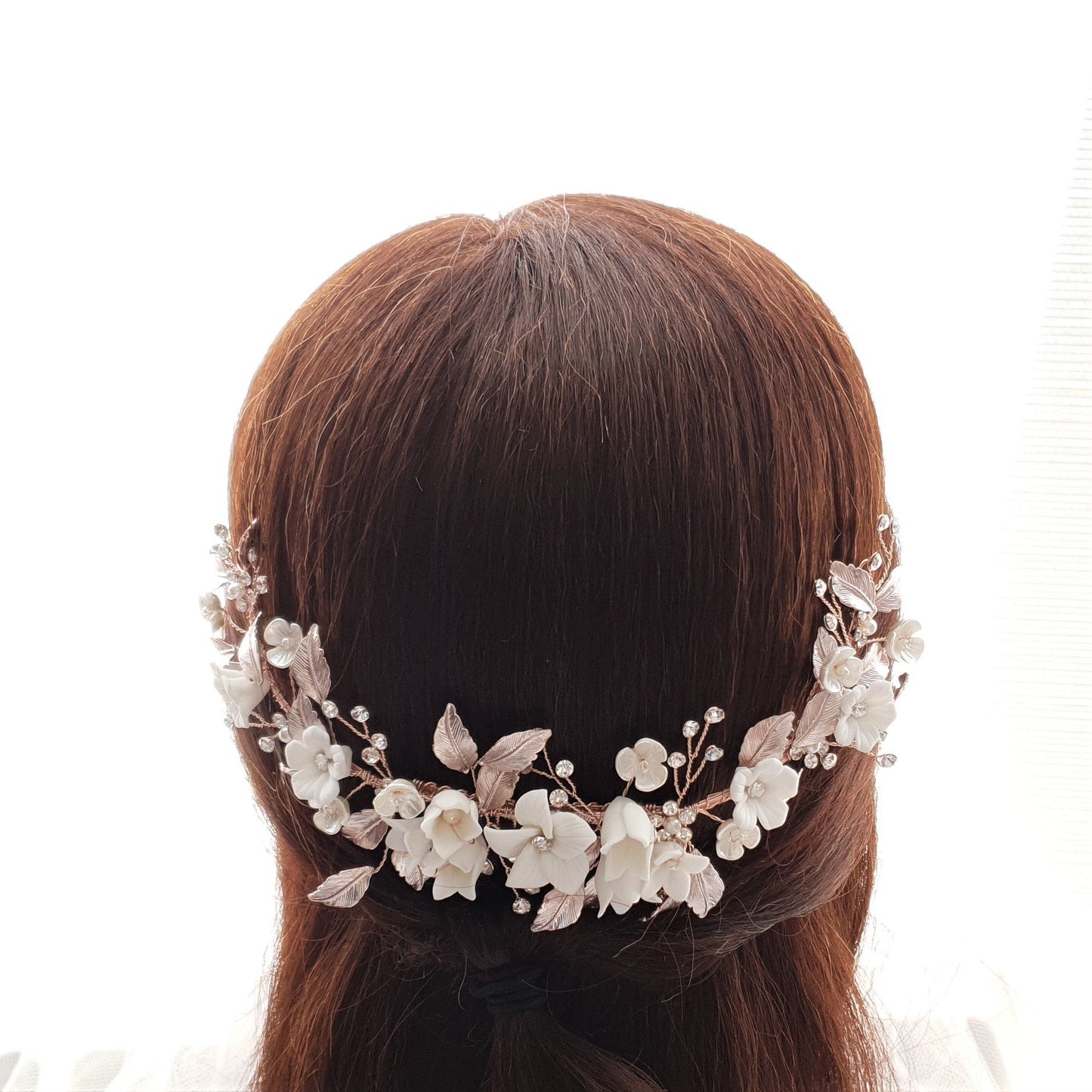 Rose Gold Hair Comb with White Flowers-Daffodil