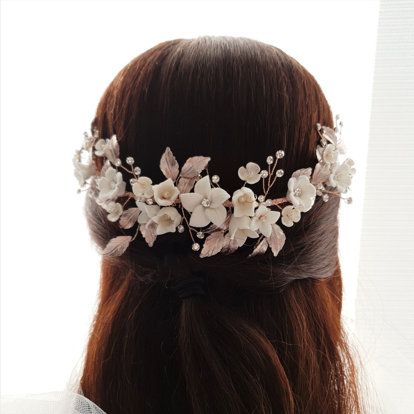 Rose Gold Hair Comb with White Flowers-Daffodil