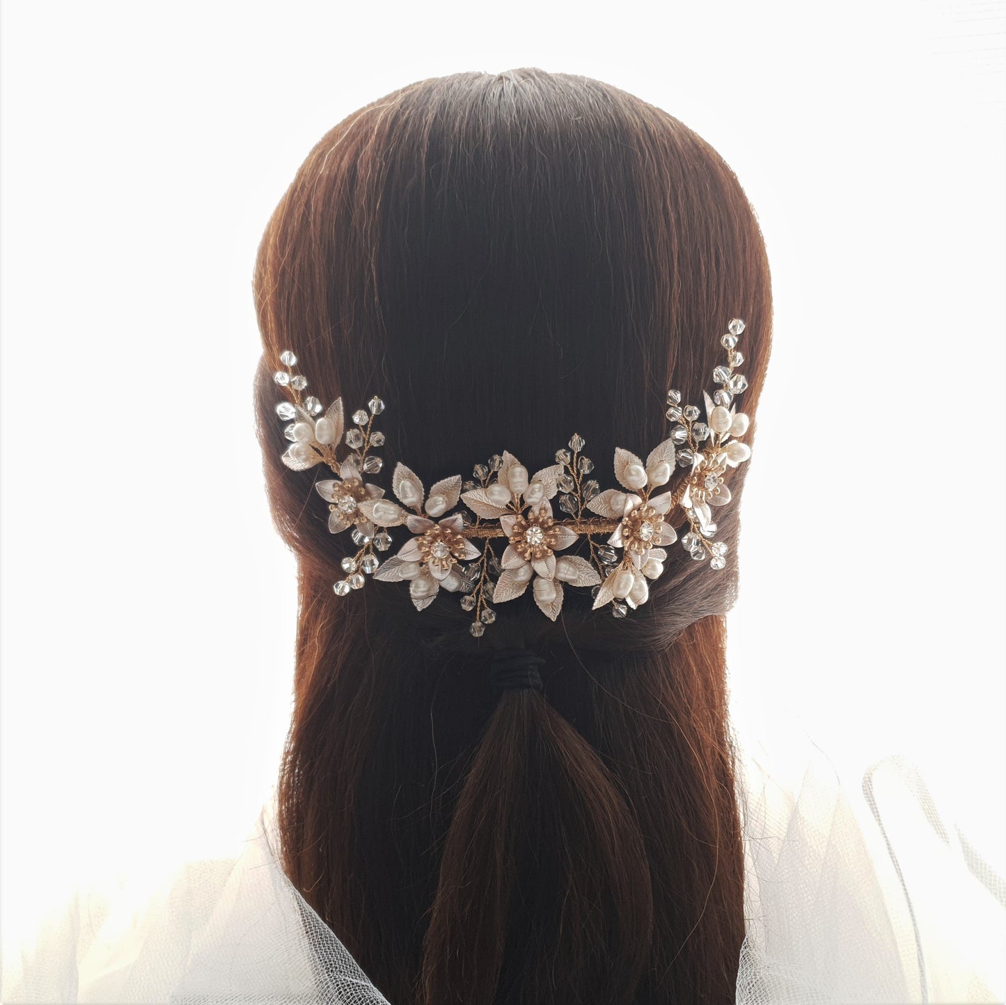 Statement Bridal Hair Comb With Gold leaves and Flowers-Liana