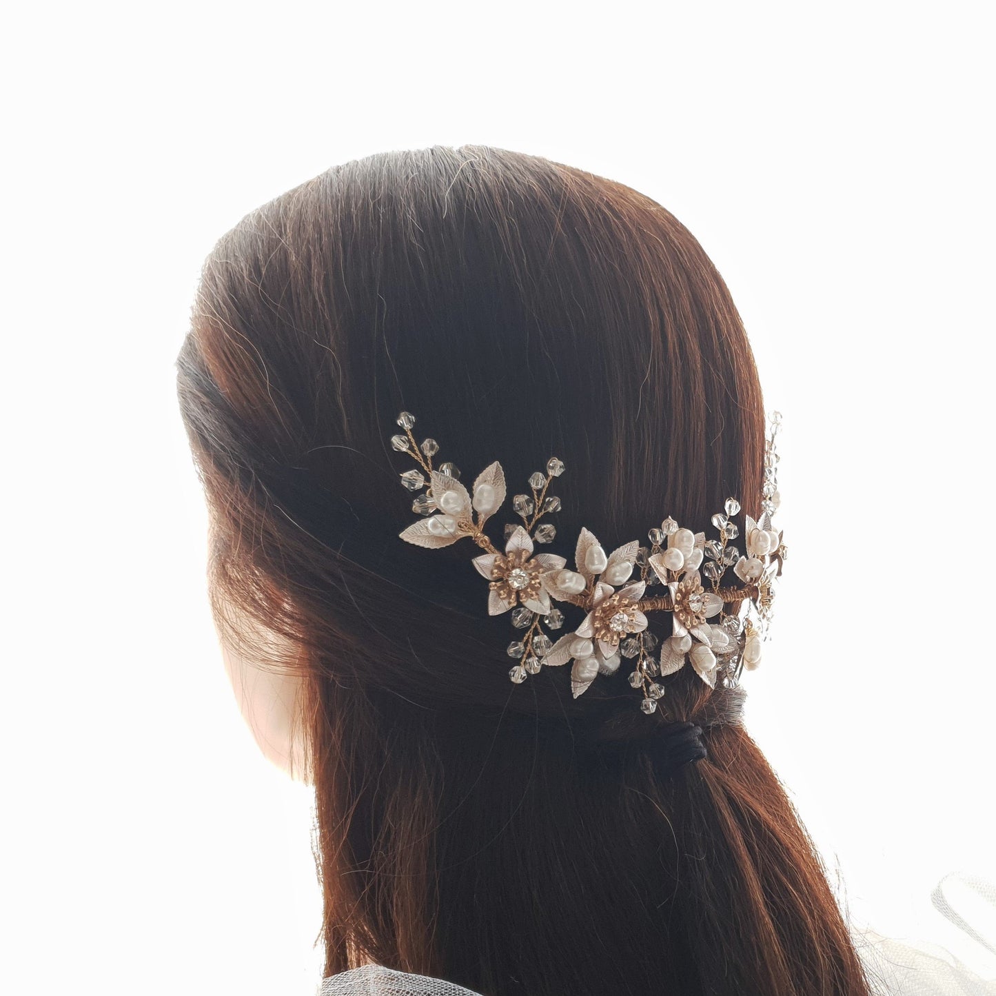 Statement Bridal Hair Comb With Gold leaves and Flowers-Liana