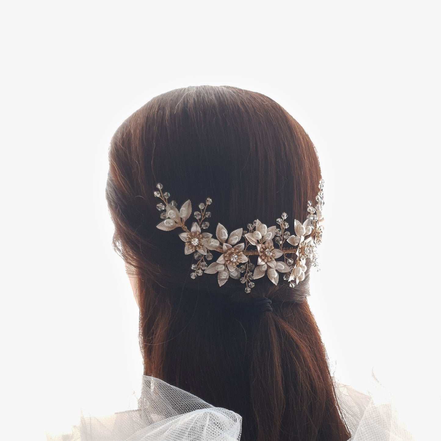 Statement Bridal Hair Comb With Gold leaves and Flowers-Liana