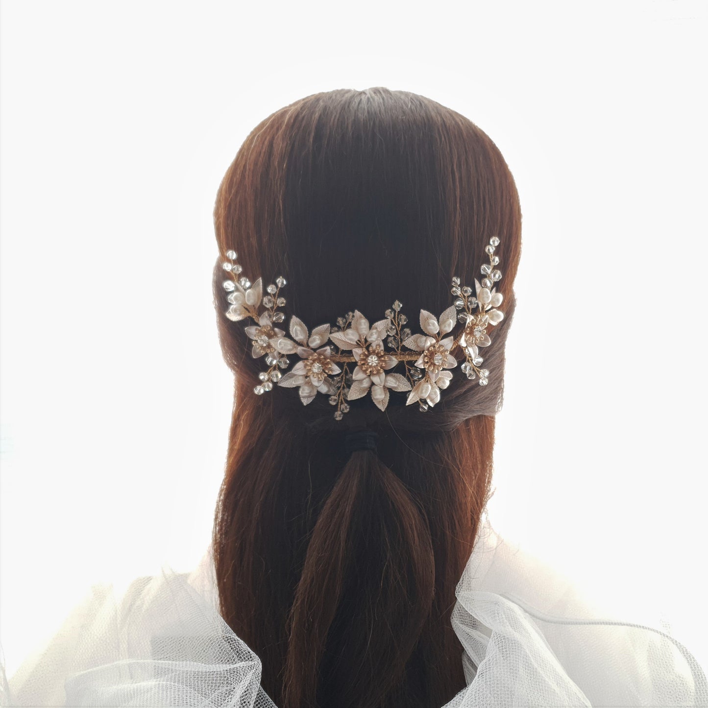 Statement Bridal Hair Comb With Gold leaves and Flowers-Liana