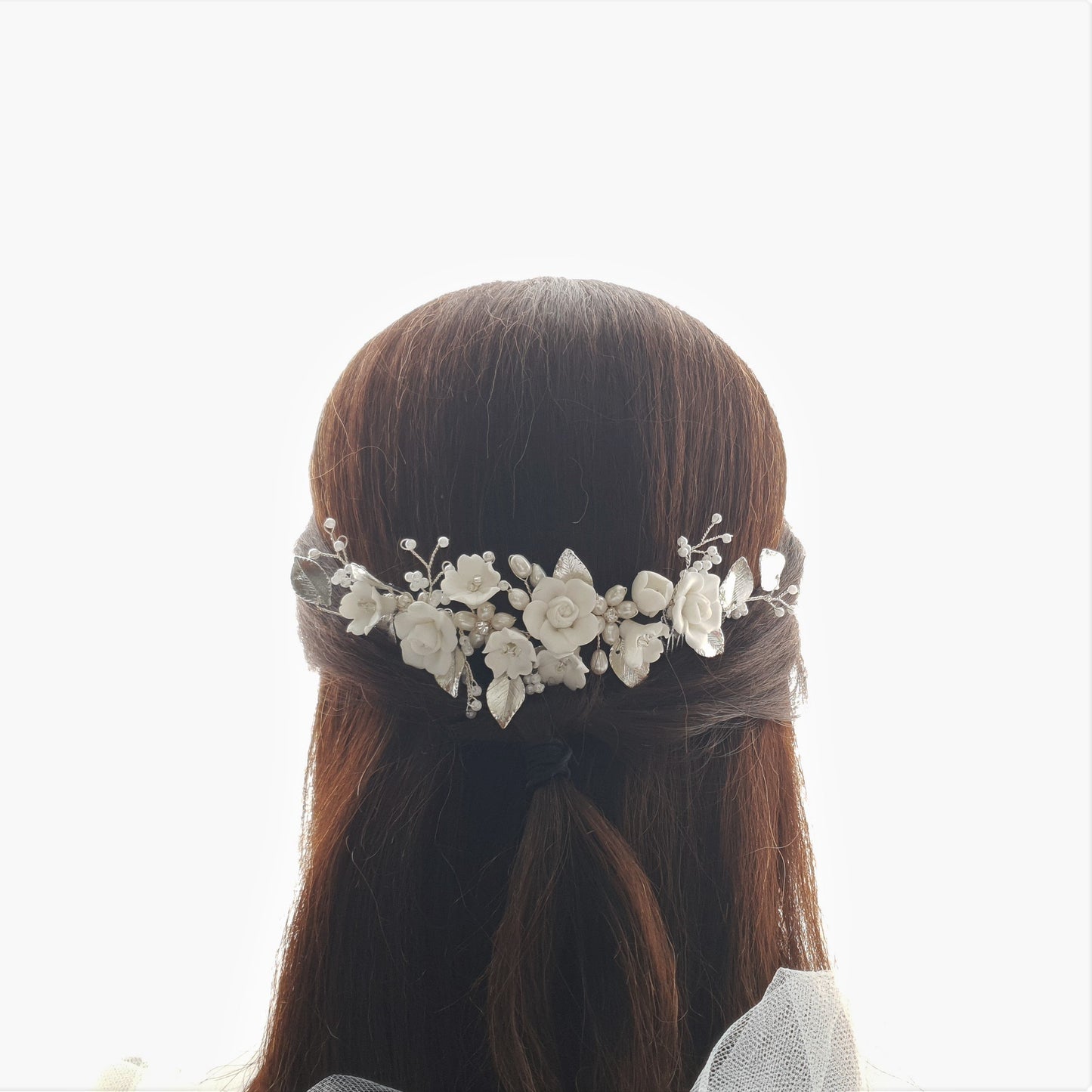 Double Comb Bridal Hairpiece with White Flowers-Blossom