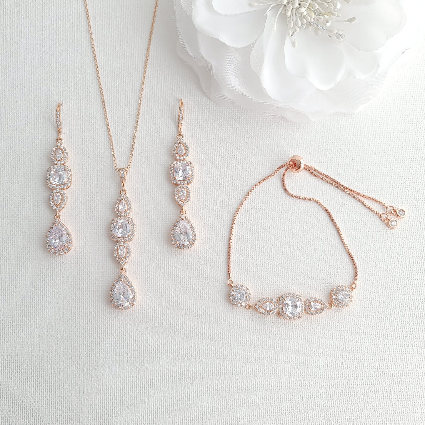 Rose Gold Drop Earrings Necklace Bracelet Set-Gianna