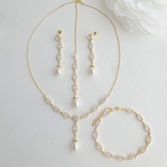 Gold Bridal Jewelry Set with Pearl Crystal Earrings Back Necklace Bracelet Set-Hayley - PoetryDesigns