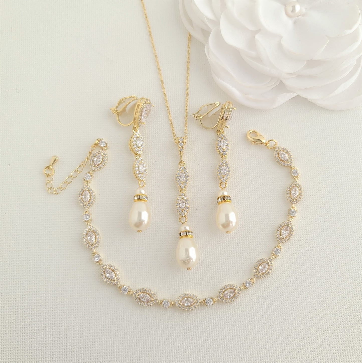 Bridal Jewelry Set With Clip On Earrings Necklace Bracelet- Abby