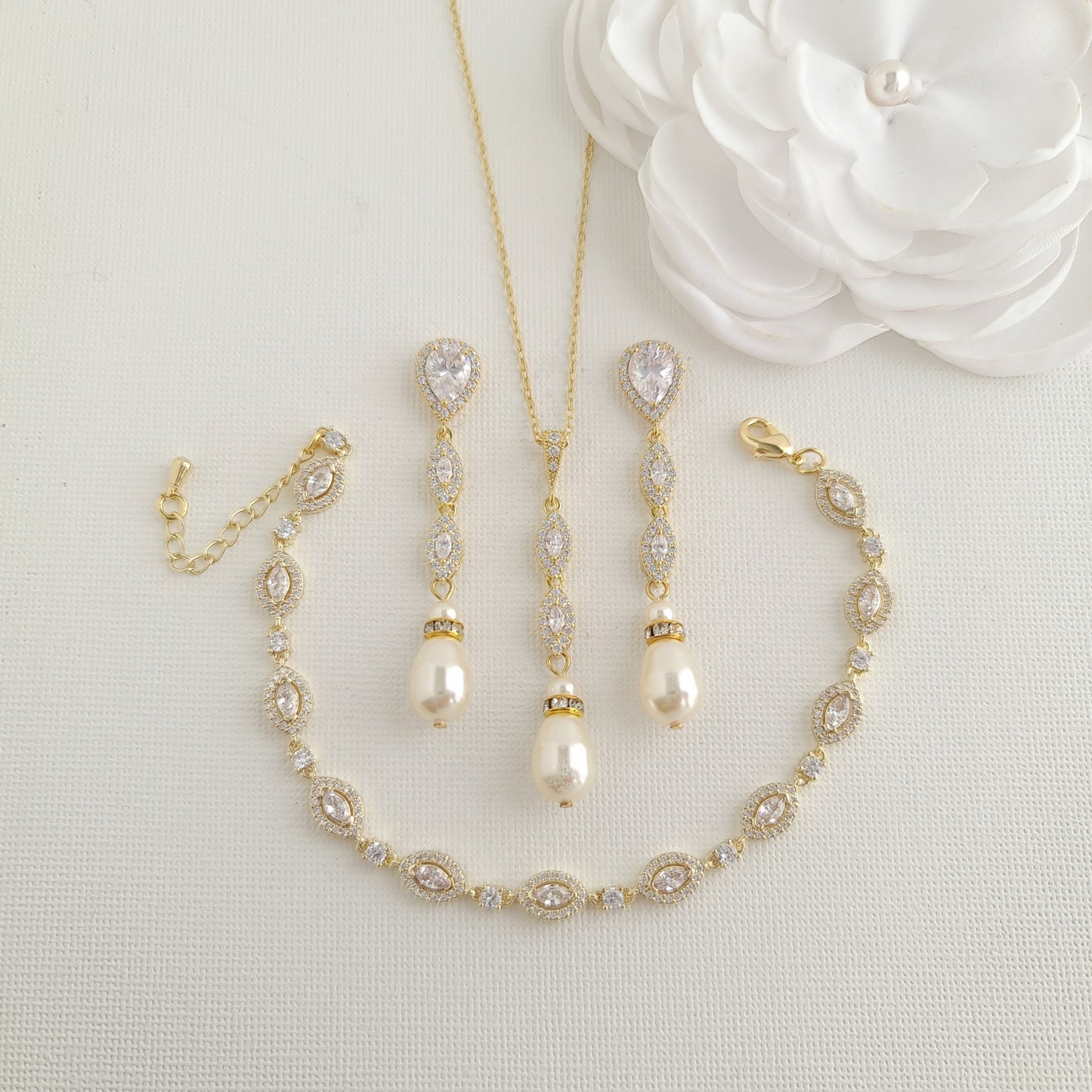 Pendientes de oro, collar, pulsera, conjunto de joyería de boda-Abby