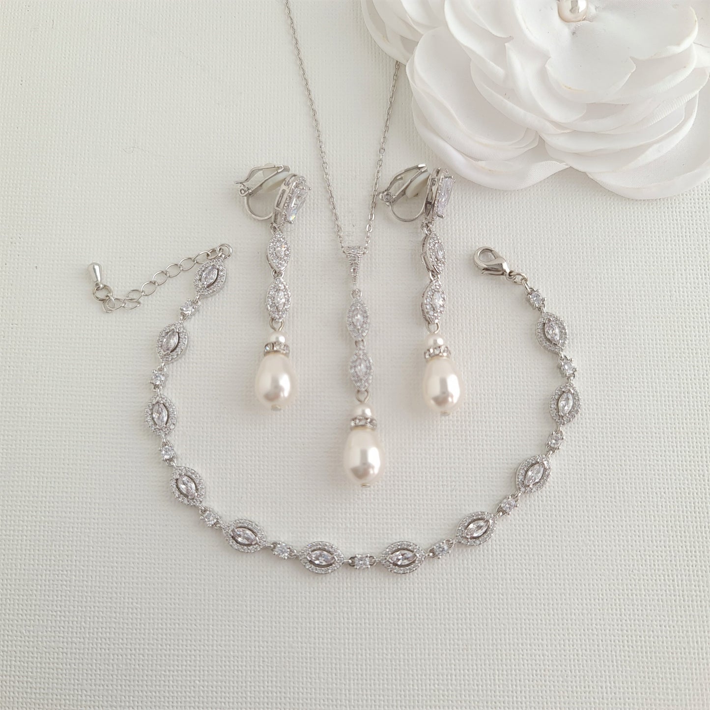 Bridal Jewelry Set With Clip On Earrings Necklace Bracelet- Abby