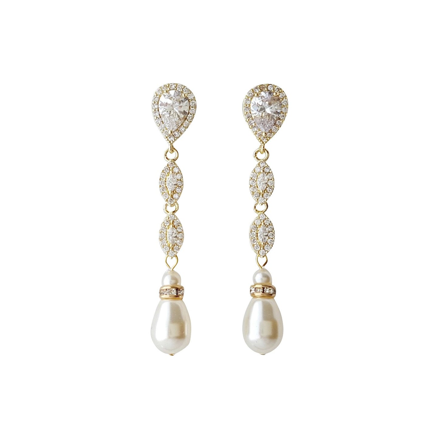 Slim Gold and Pearl Drop Earrings-Abby