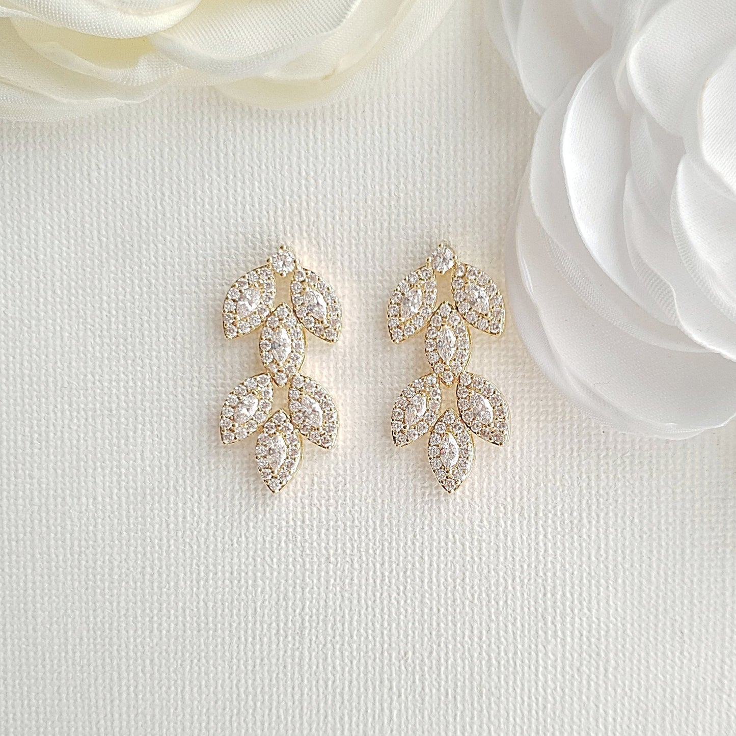 Cubic Zirconia Gold Leaf Stud Earrings- Abby - PoetryDesigns