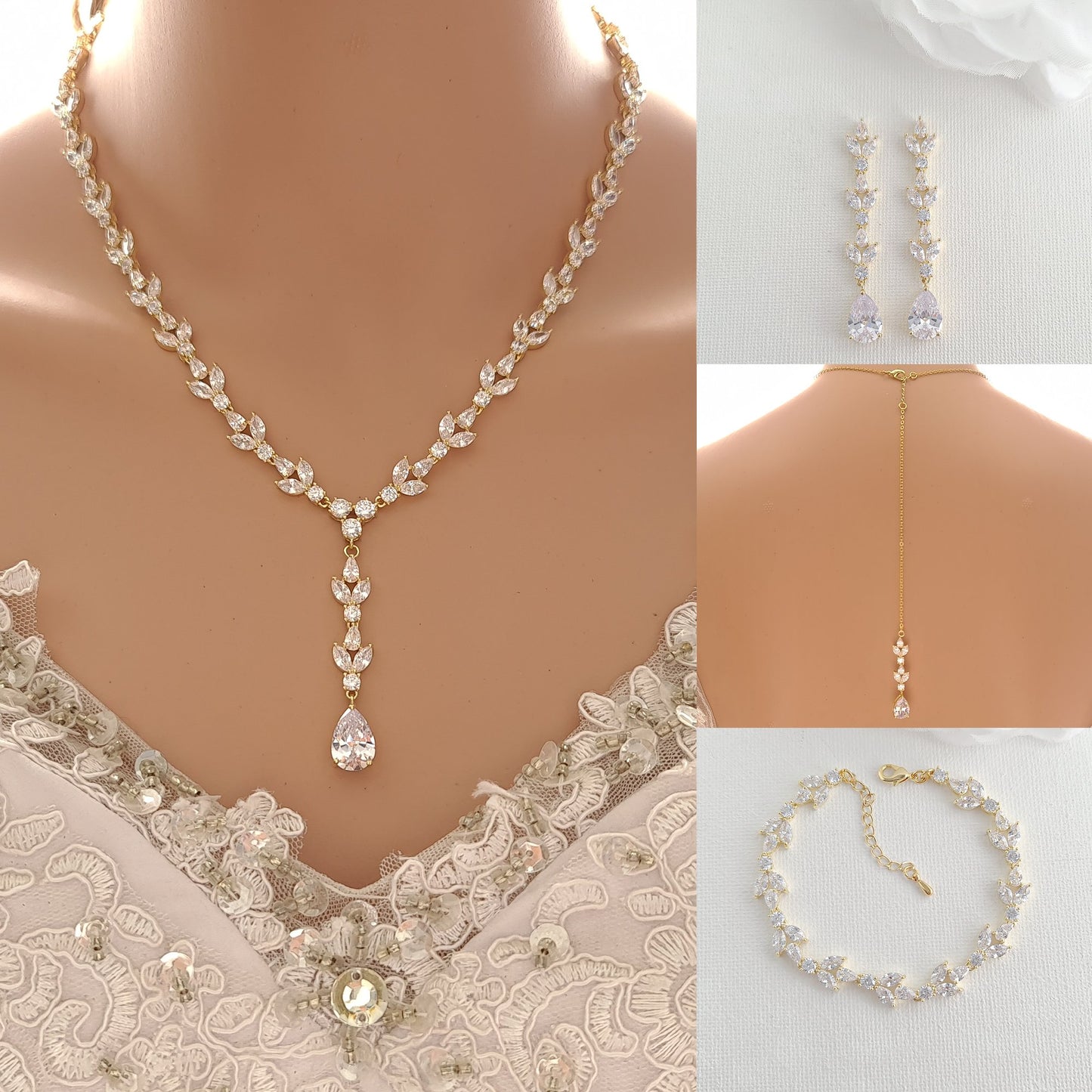 Parure de bijoux pour mariées en or rose et zircone cubique-Anya