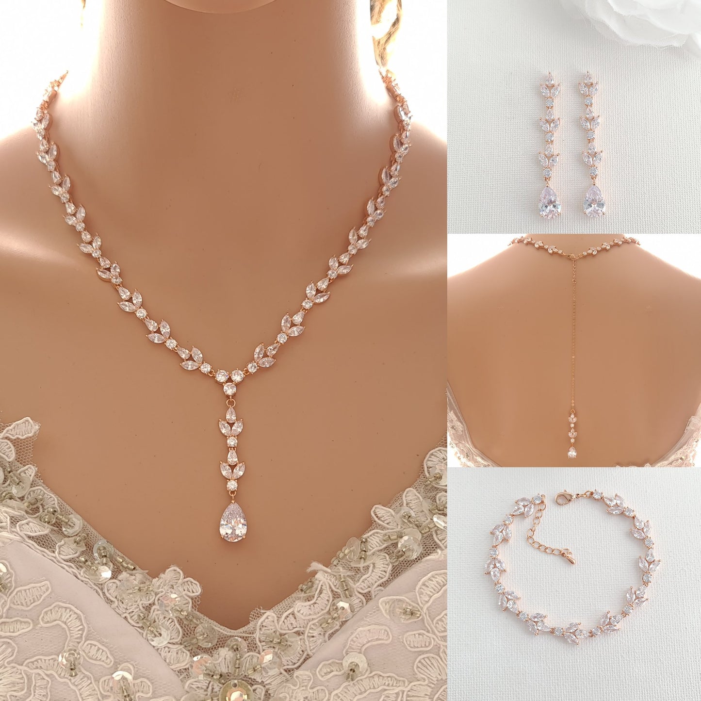 Parure de bijoux pour mariées en or rose et zircone cubique-Anya