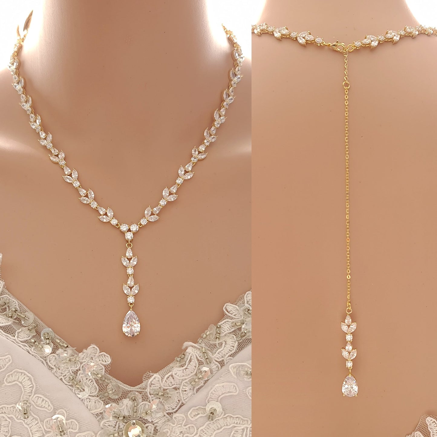 14k Gold & Cubic Zirconia Necklace Bracelet Earring Set for Wedding-Anya