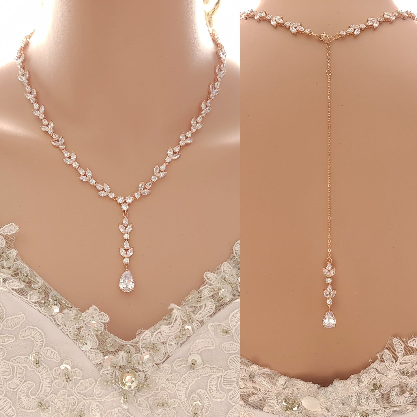 Full Crystal Wedding Necklace with Simple Backdrop Gold-Anya