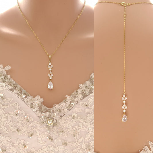 Gold Necklace with Long Pendant and Backdrop for Brides-Anya