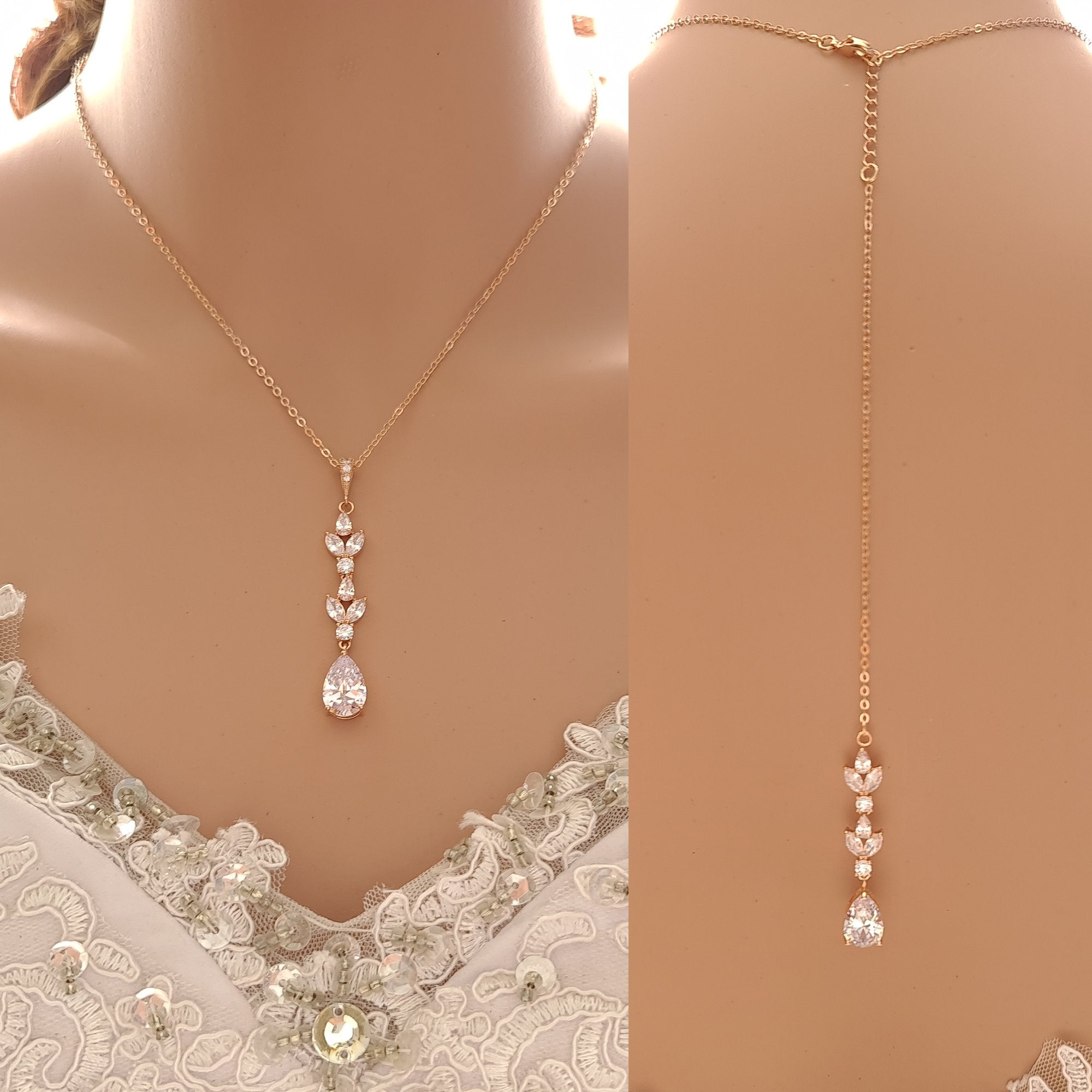 Backdrop Bridal Necklace | Teardrop Crystal outlets | Back Necklace Set | Crystal Necklace | Teardrop Necklace | Back Drop Necklace | Noelle