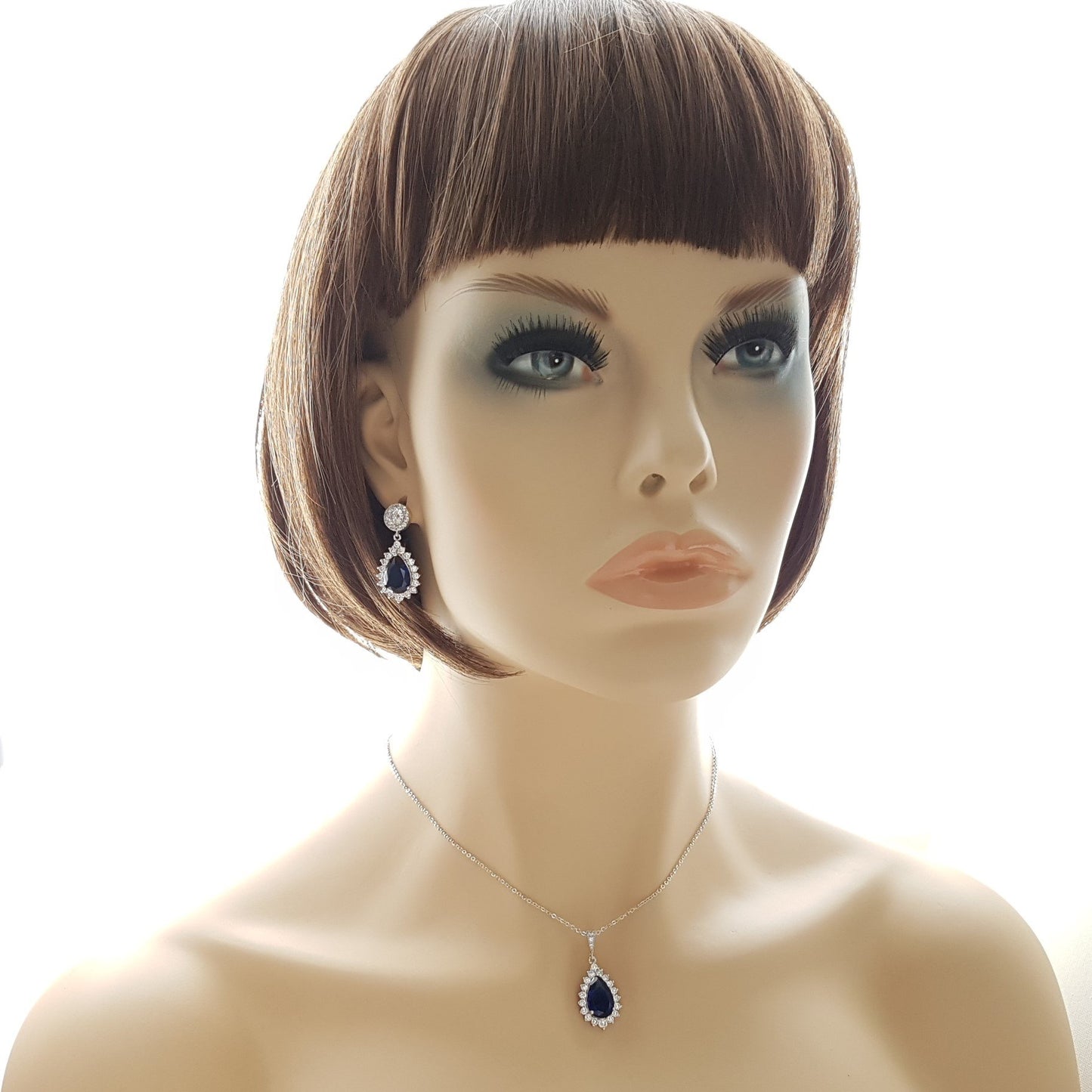 Conjunto de collar de aretes de piedra azul zafiro-Aoi