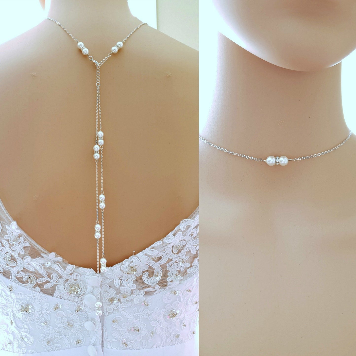 Pearl Choker Front and Back drop necklace for open back dress- Poetry Designs