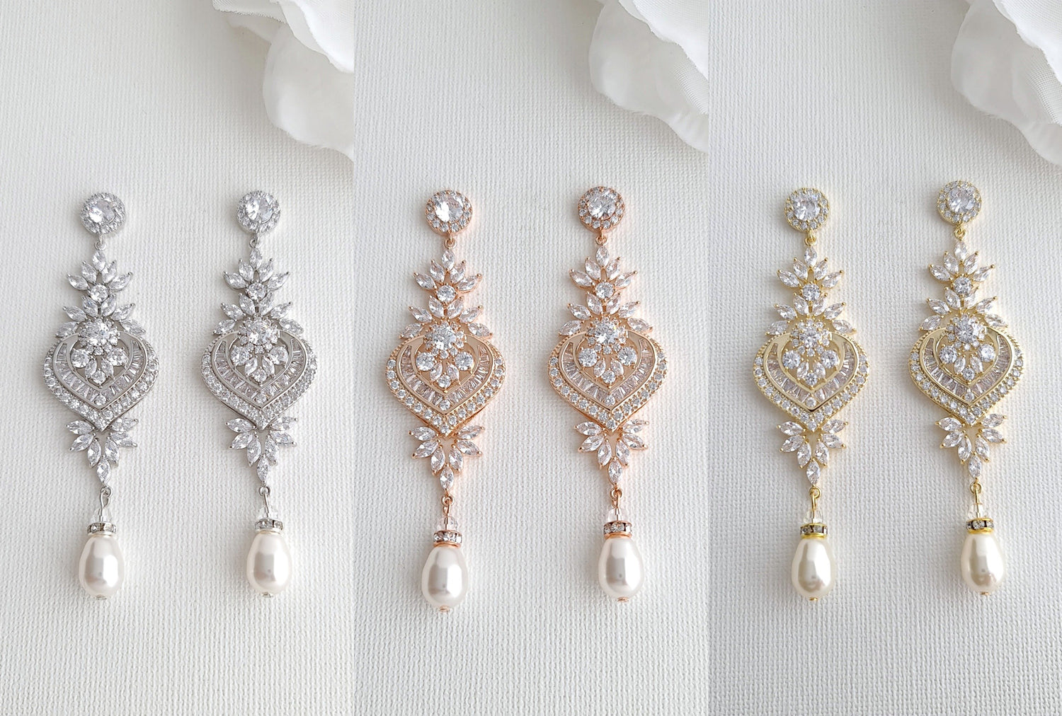 Long Chandelier Wedding Earrings in Silver, Gold & Rose Gold For Brides- Poetry Designs