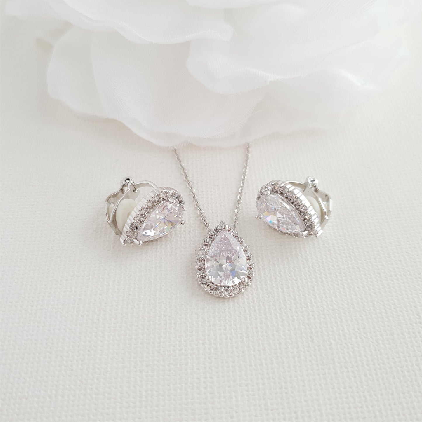 Bridesmaids Jewelry Set with Clip On Earrings Silver- Emma