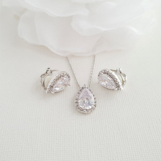 Bridesmaids Jewelry Set with Clip On Earrings Silver- Emma