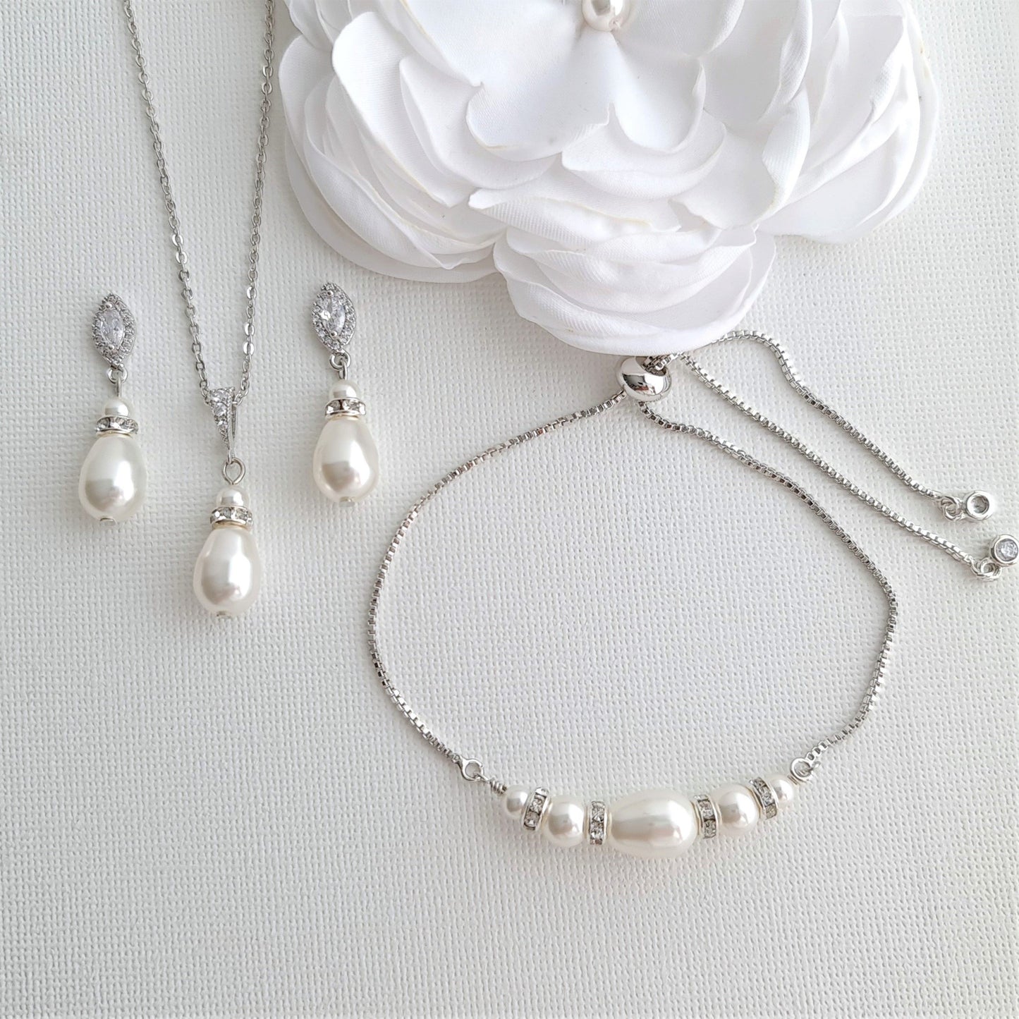 Pearl Earrings Necklace Bracelet Bridesmaids & Bridal Jewelry Set- Ella - PoetryDesigns