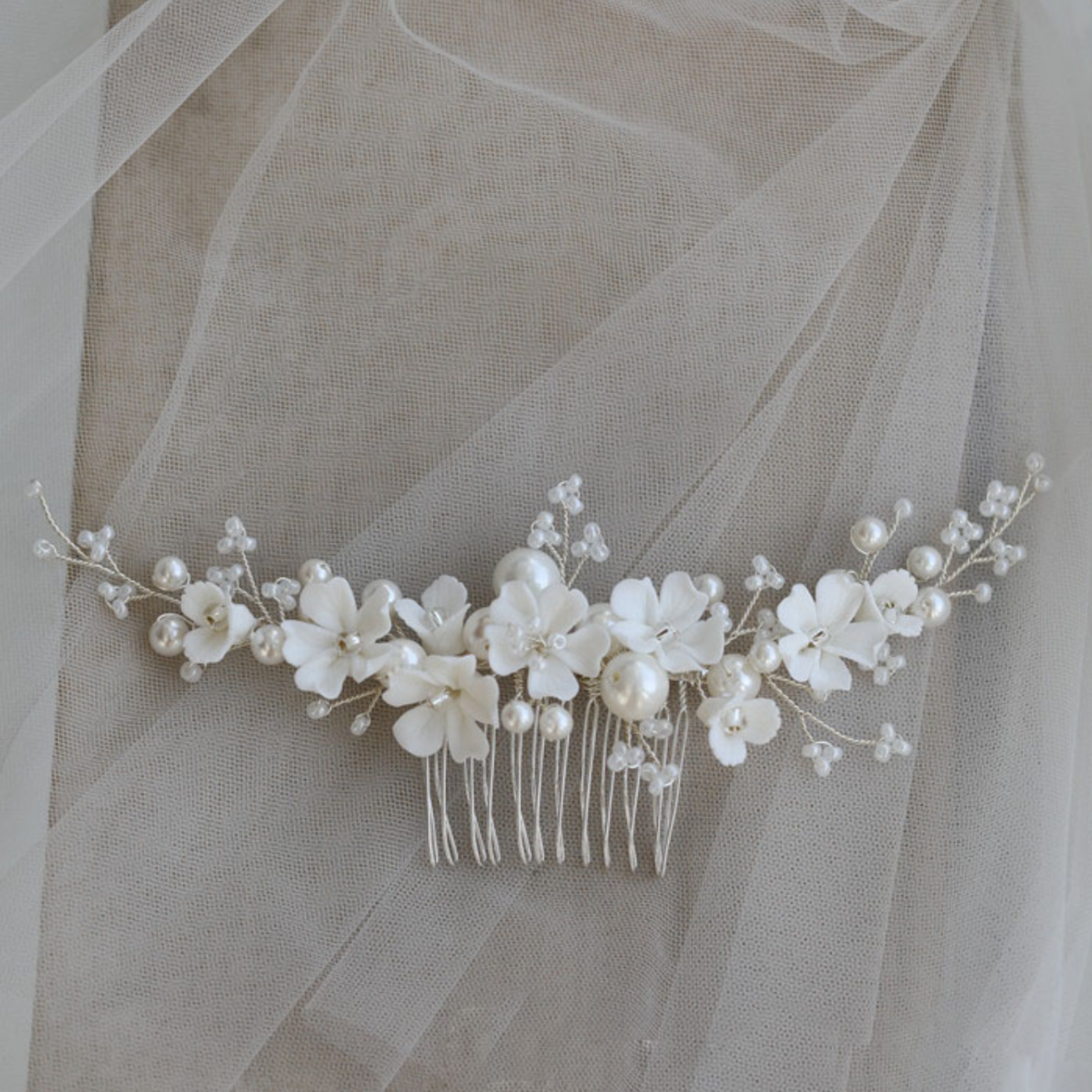 Pearl Bridal Hair Comb with White Flowers-Daphne