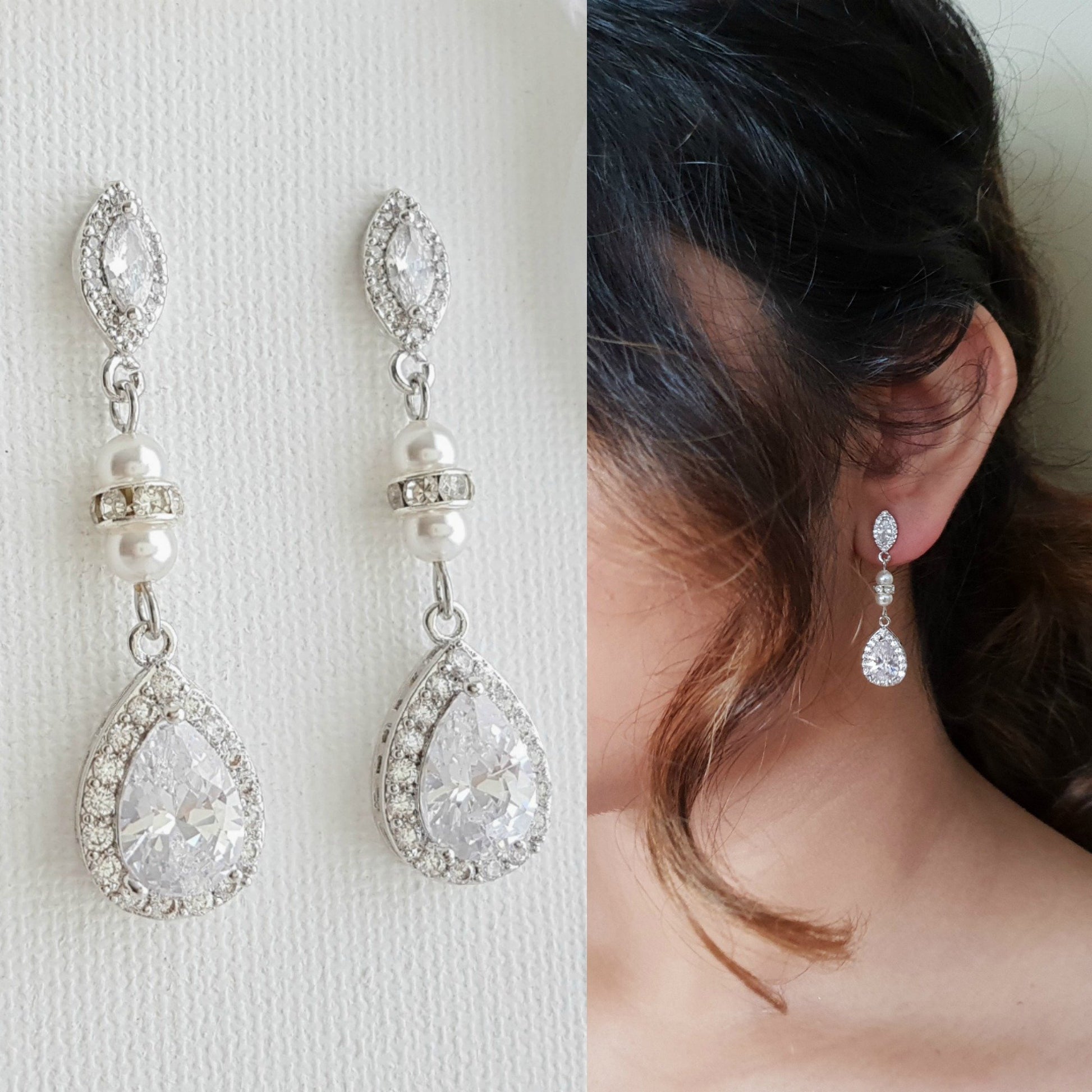 CZ & Pearl Wedding Drop Earrings for Brides-Ella - PoetryDesigns