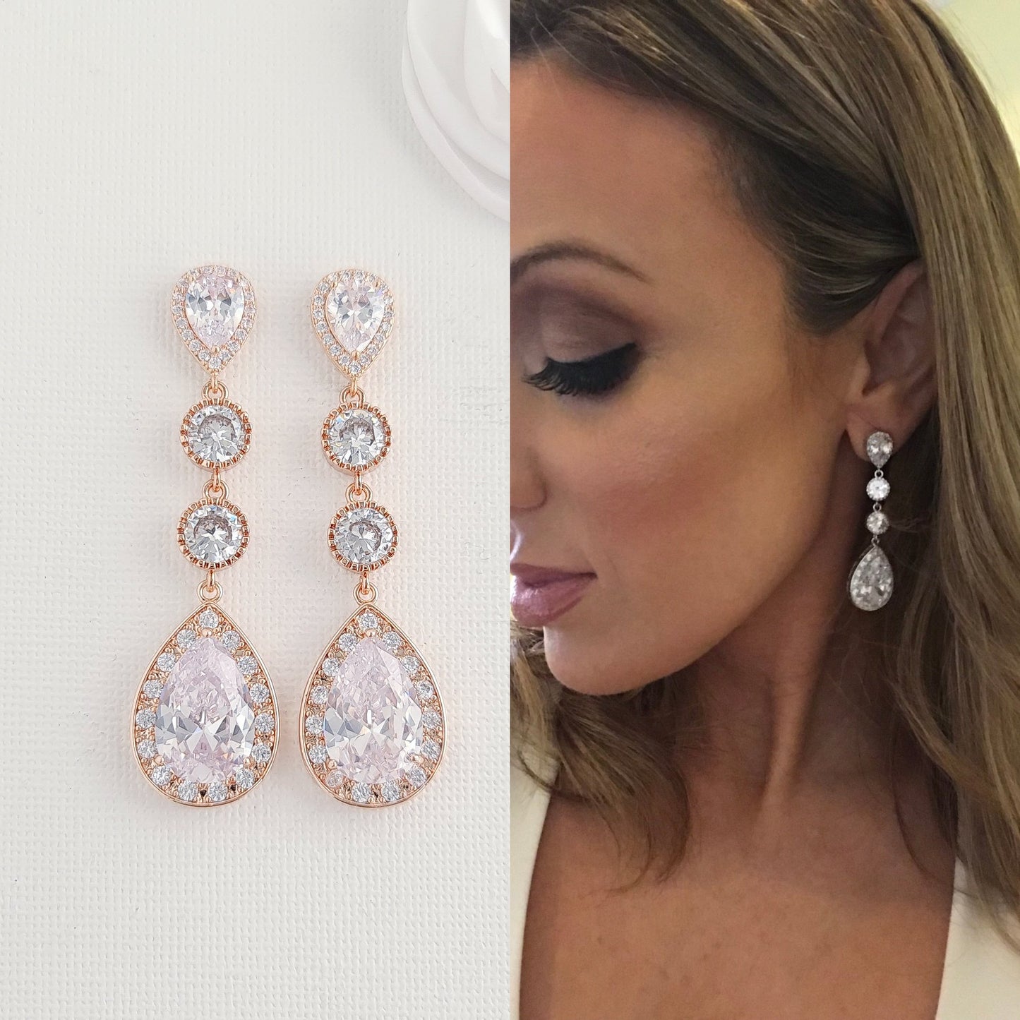 Rose Gold Long Earrings Set for Wedding-Evana