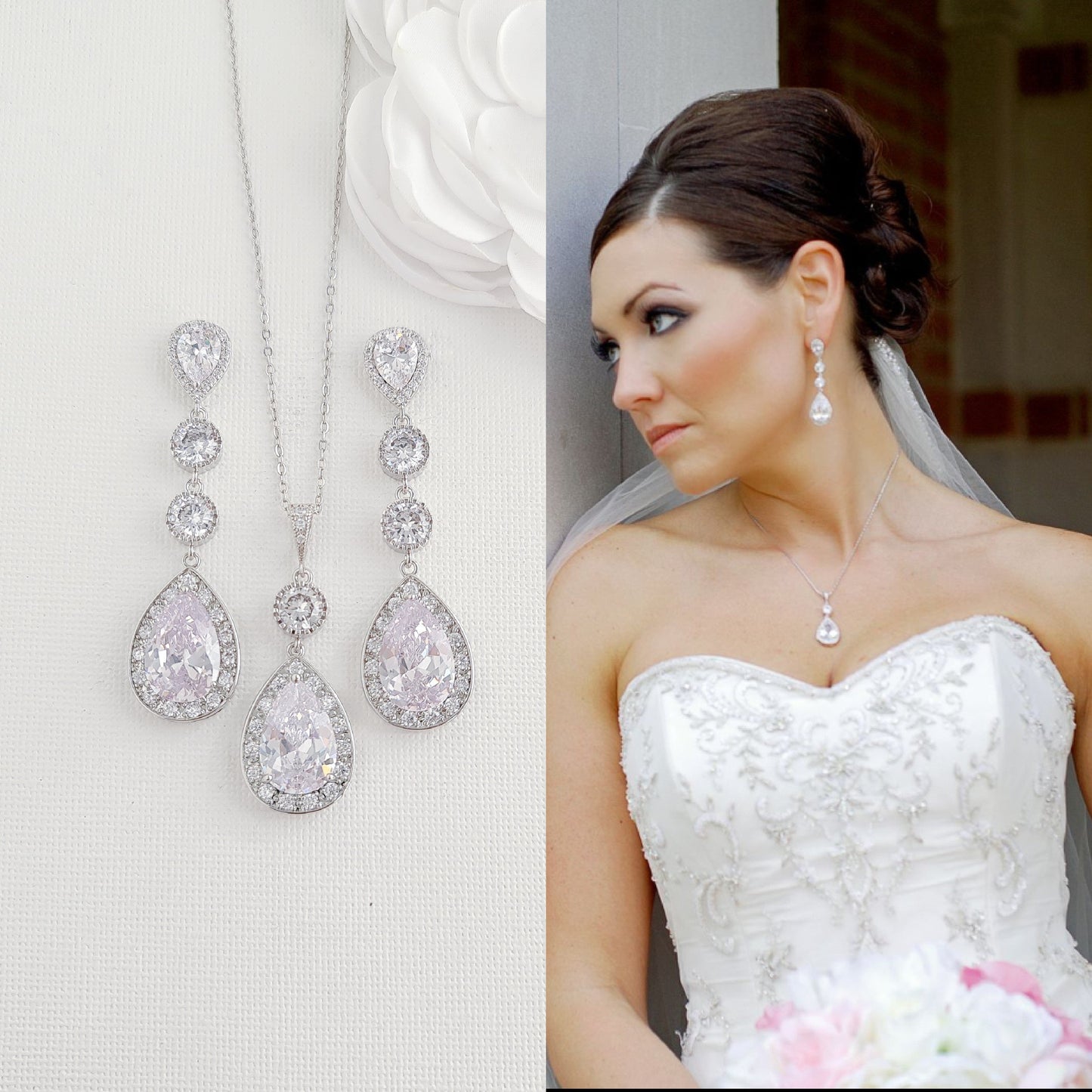 Ensemble de boucles d'oreilles longues en or rose pour mariage-Evana