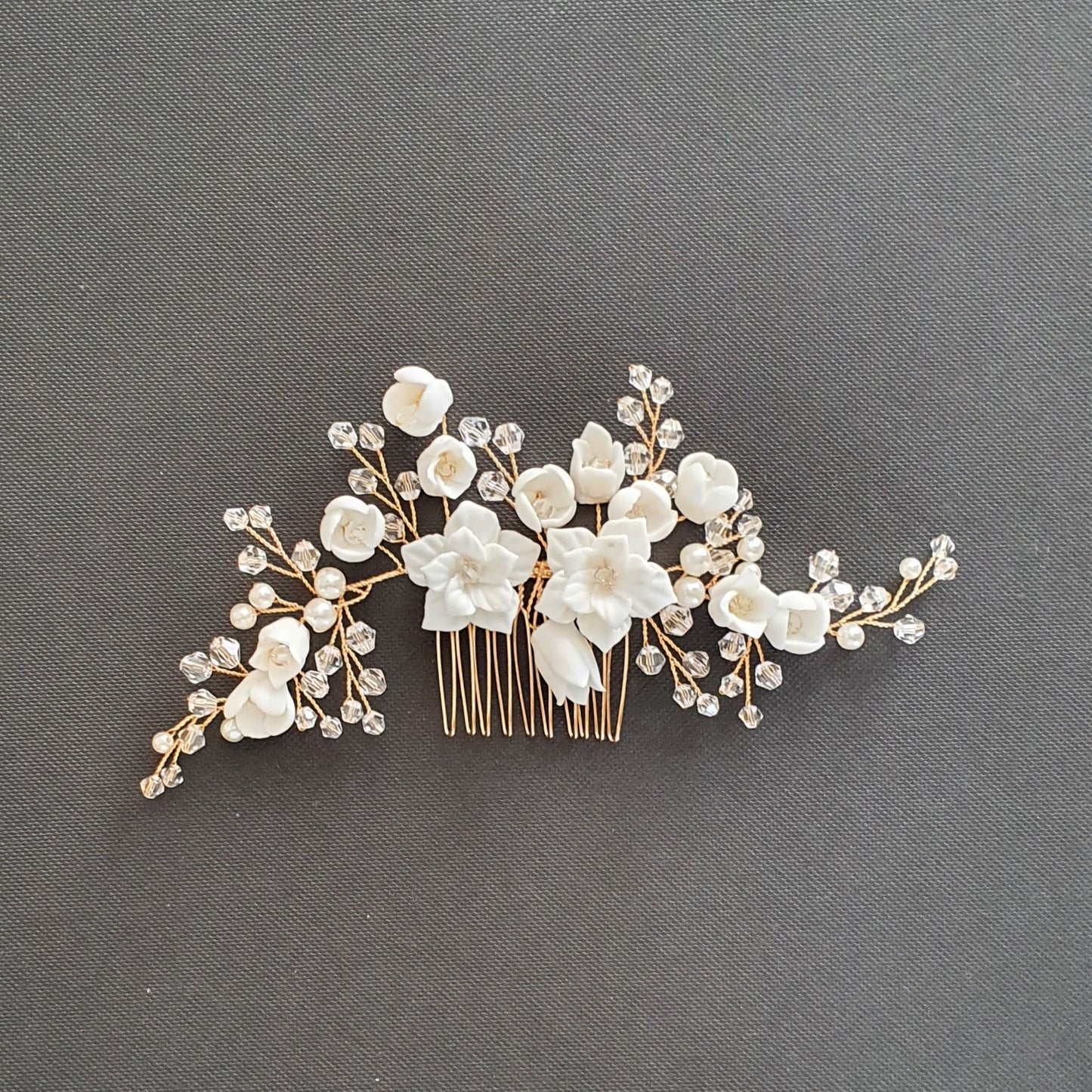 Gold Bridal Hair Comb with White Porcelain Flower & Crystal Beads-Tulip