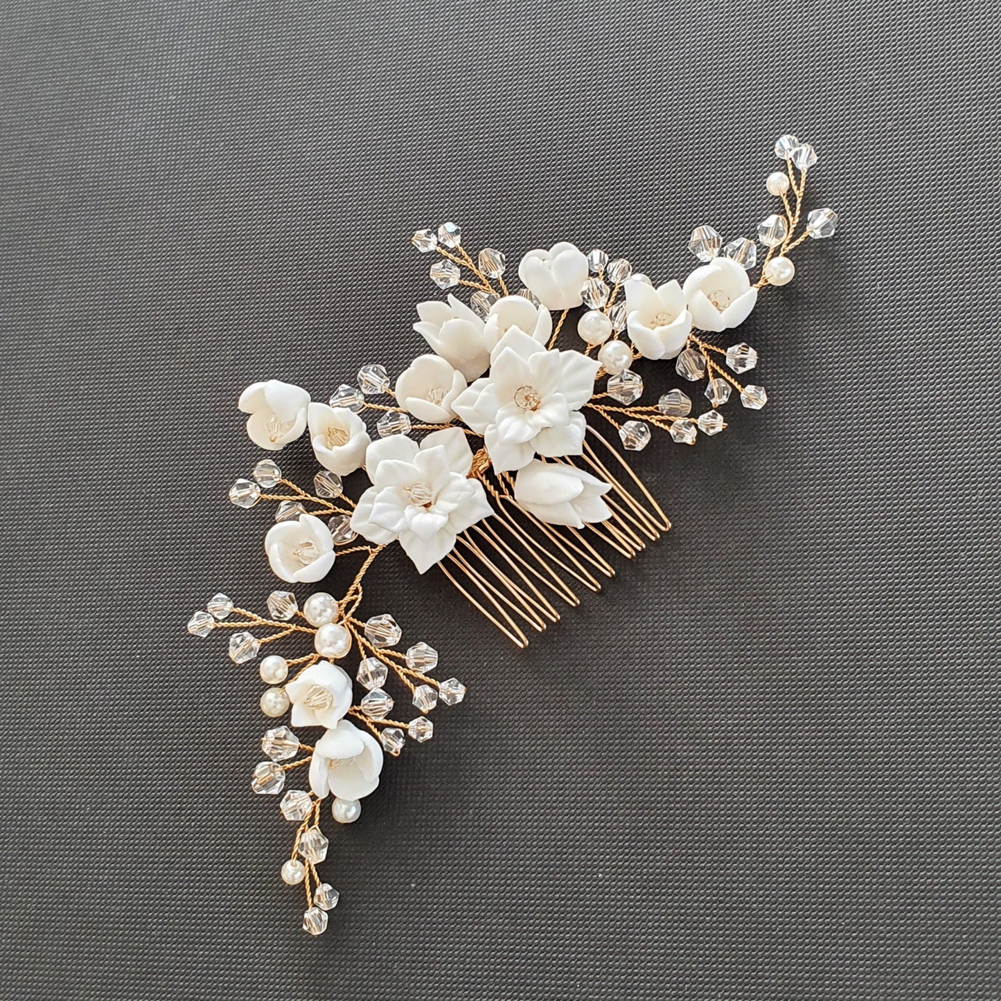 Rose Gold Hair Piece with White Ceramic Flowers-Tulip