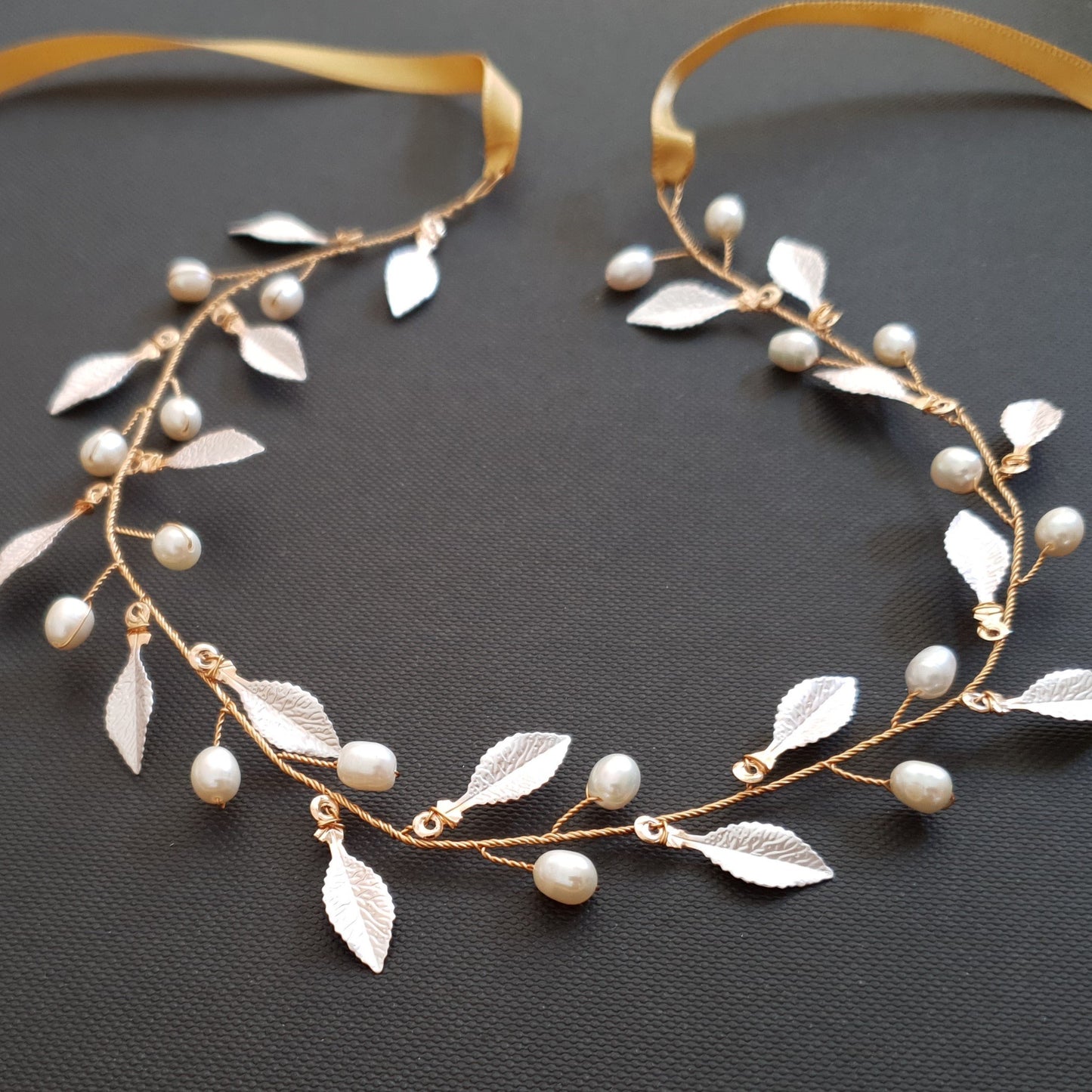 Rose gold Leaf Headband with Pearls-Sweet Peas