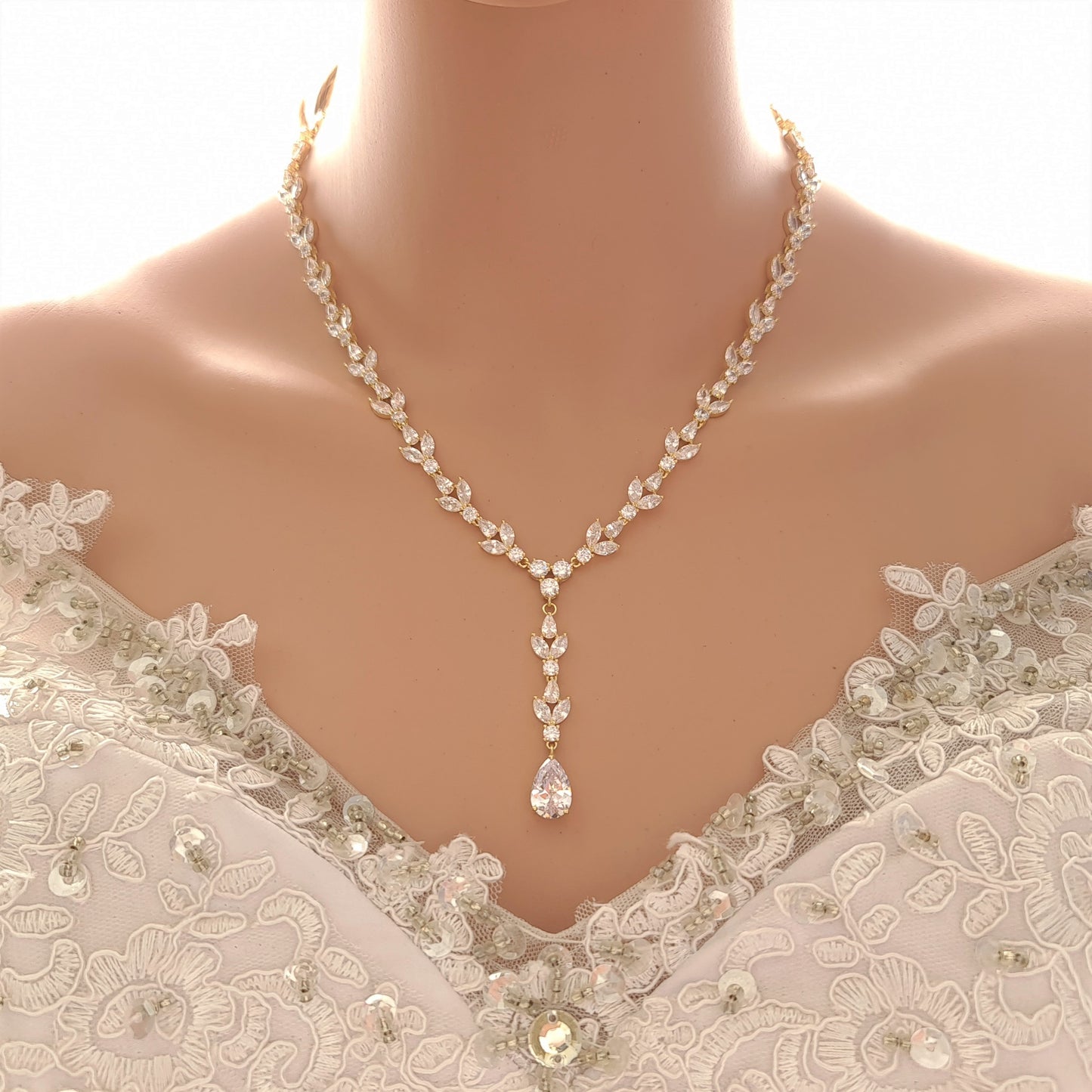 Rose Gold Statement Necklace with Simple Backdrop for Weddings- Anya