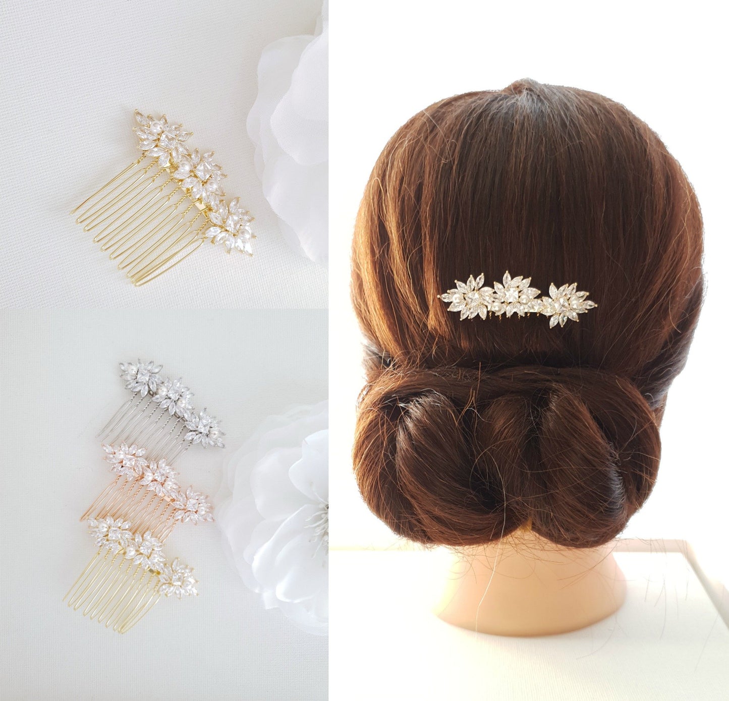 Crystal Flower Gold Hair Comb for Weddings-Bridget - PoetryDesigns