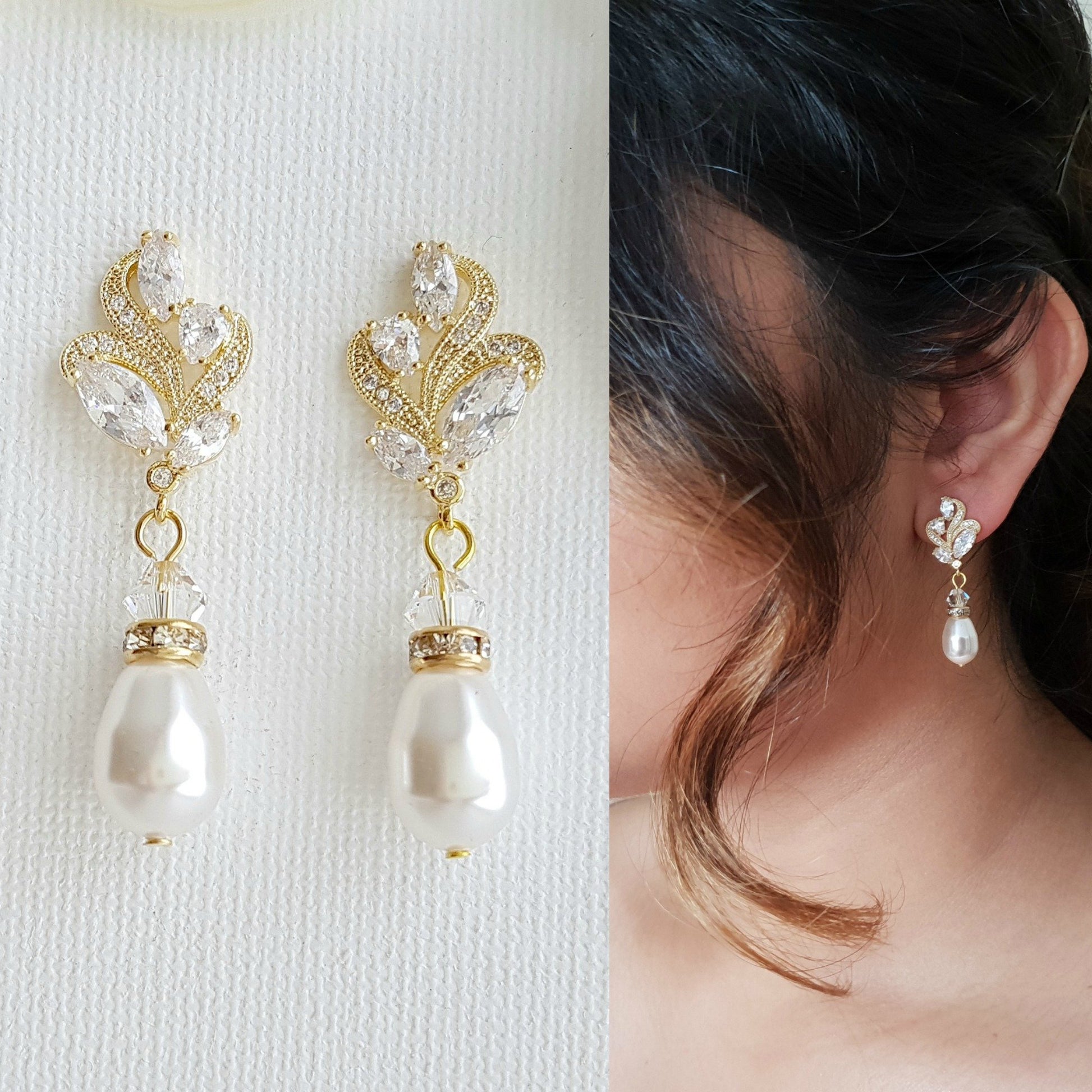 Gold Bridal Earrings With Pearl Drops-Wavy - PoetryDesigns